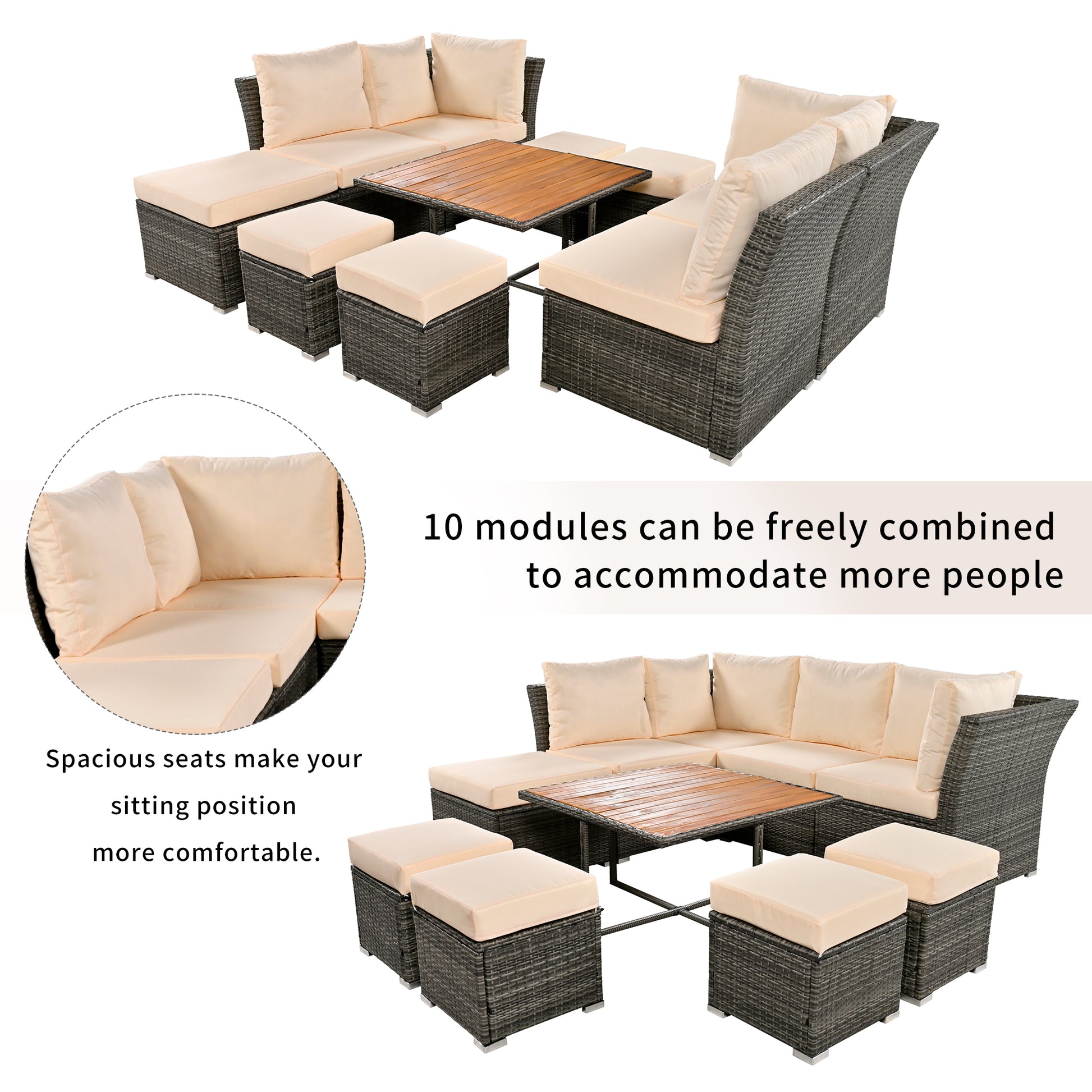 Patio Furniture Set, 10 Piece Outdoor Conversation Set, Coffeetable With Ottomans, Solid Wood Coffee Table Beige Rattan