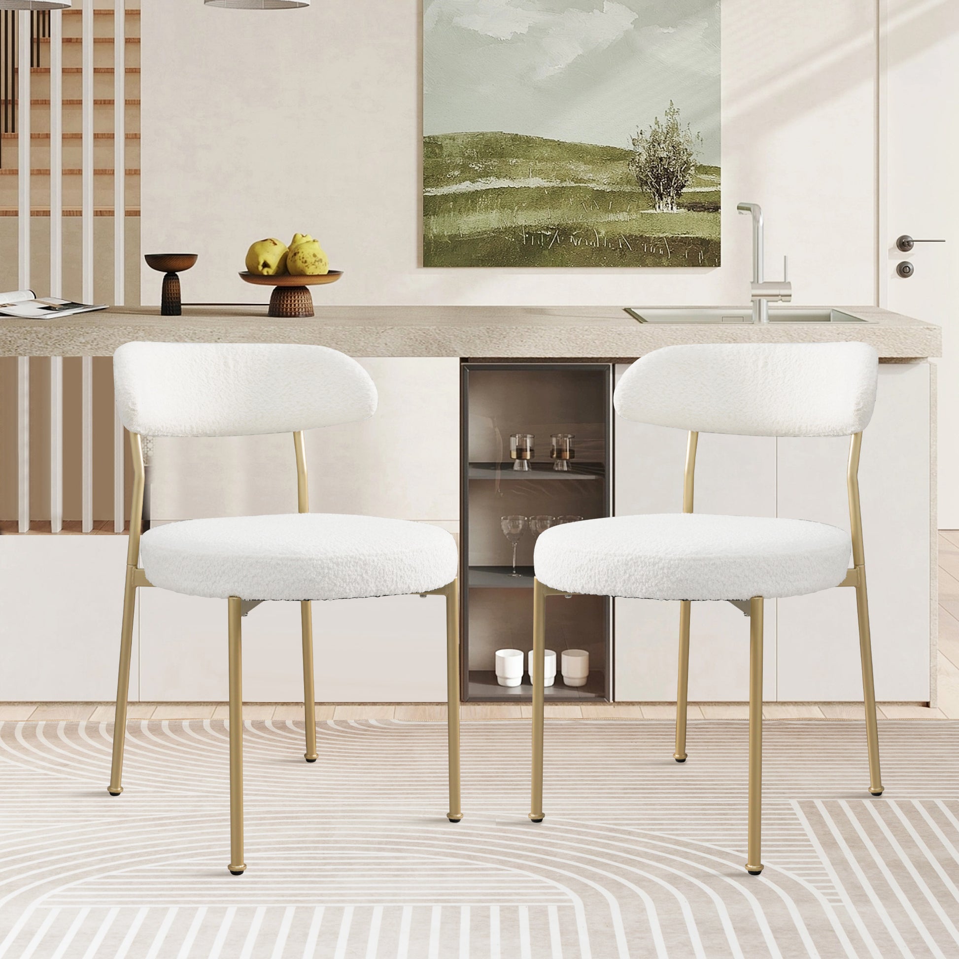 Boucle Upholstered Dining Chairs With Curved Backrest & Gold Metal Legs Set Of 2, Beige Metal Beige Gold Dining Room Foam Classic,Modern Dining Chairs Set Of 2 Fabric Metal