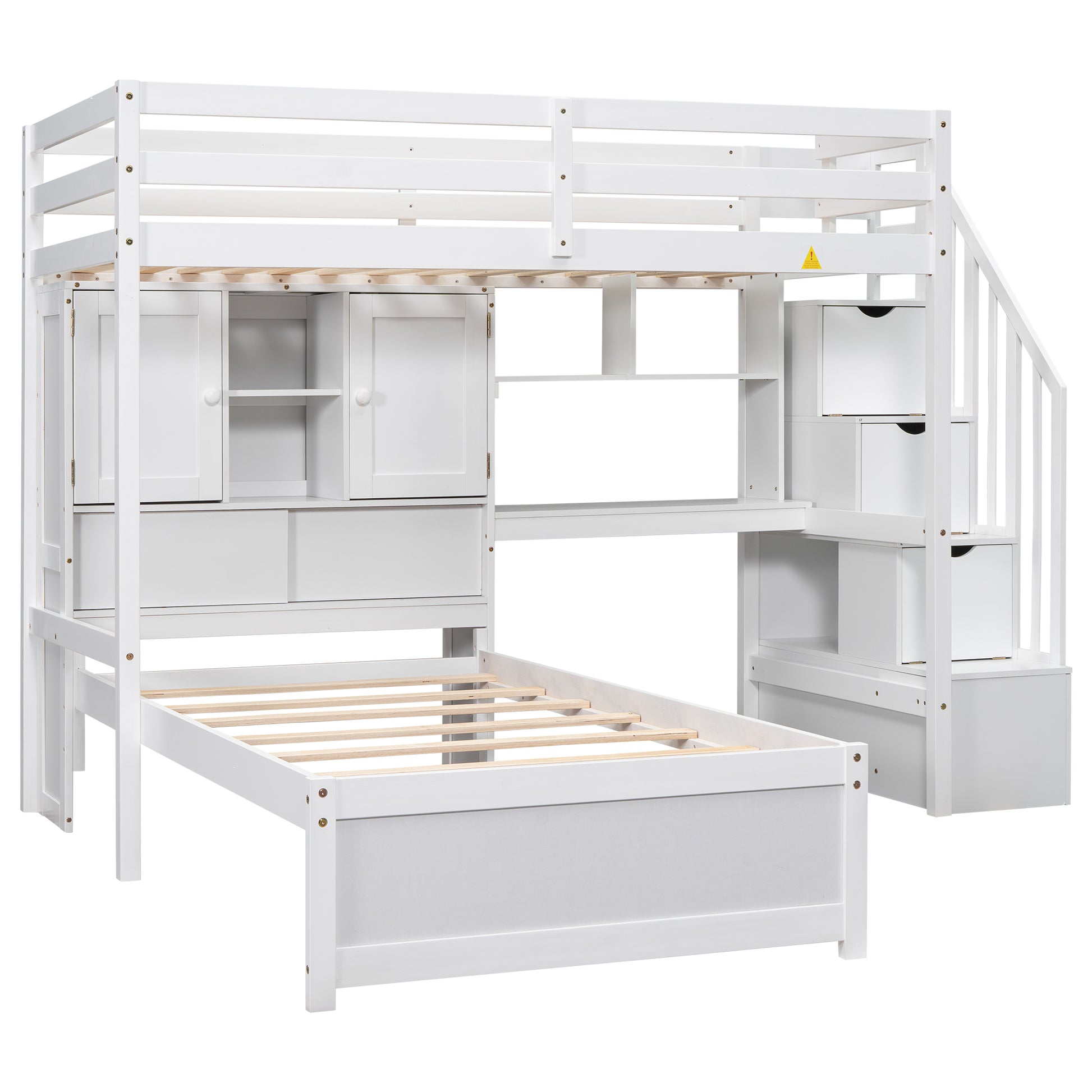 Twin Over Twin Loft Bed With Built In Desk And Staircase, With Storage Compartments And Shelves, White Twin Box Spring Not Required White Wood Pine