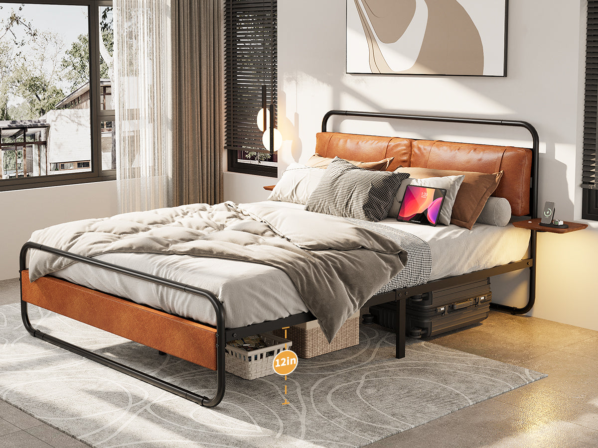 Queen Size Metal Bed Frame With Upholstered Headboard, With Wireless Charging And Usb A & Usb C, Touch Led Light,Oval Shaped Platform Bed With Under Bed Storage, No Box Spring Needed, Vintage Brown Box Spring Not Required Queen Antique Brown Metal