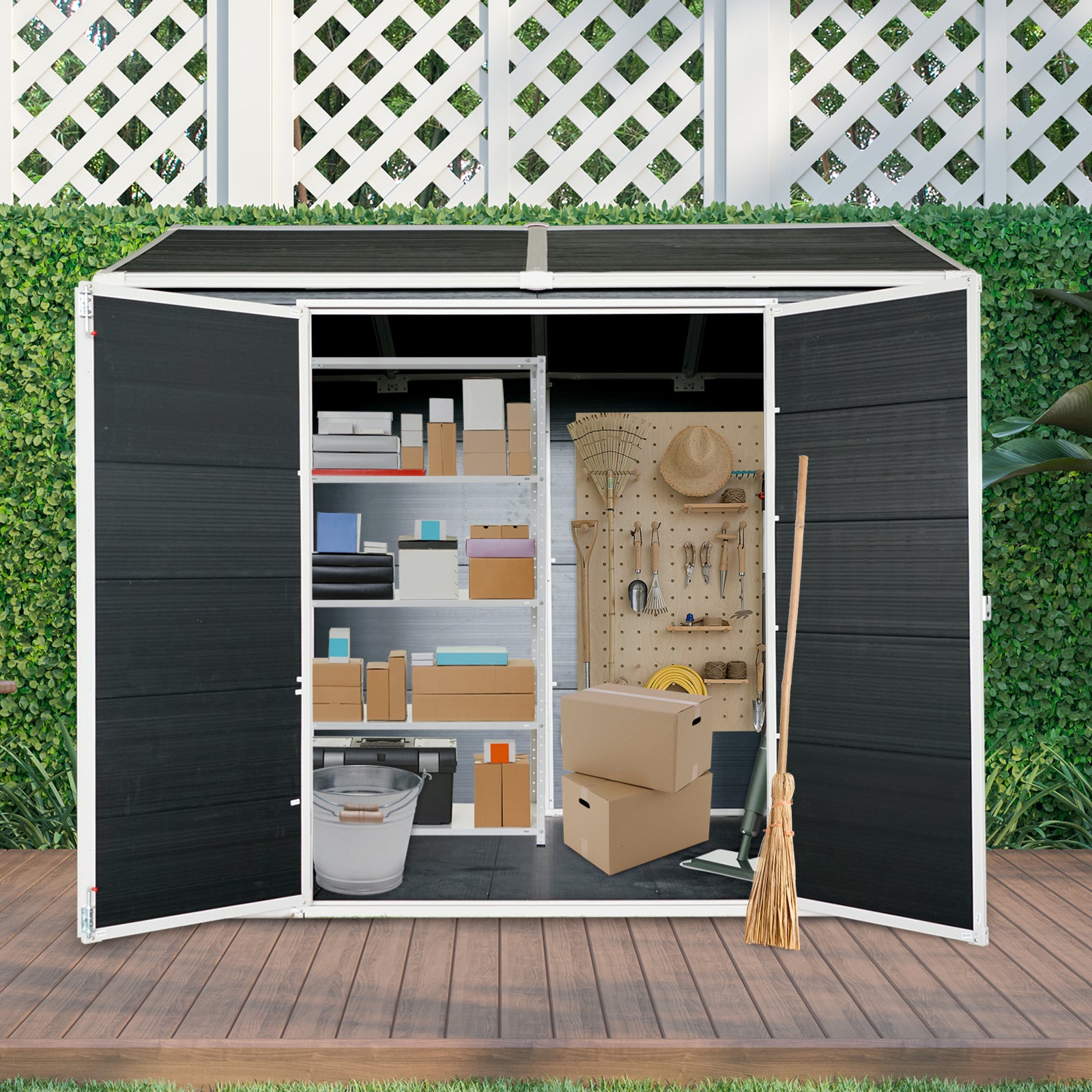 6X8Ft Resin Outdoor Storage Shed With Two Window And Floor, Black Black Polypropylene