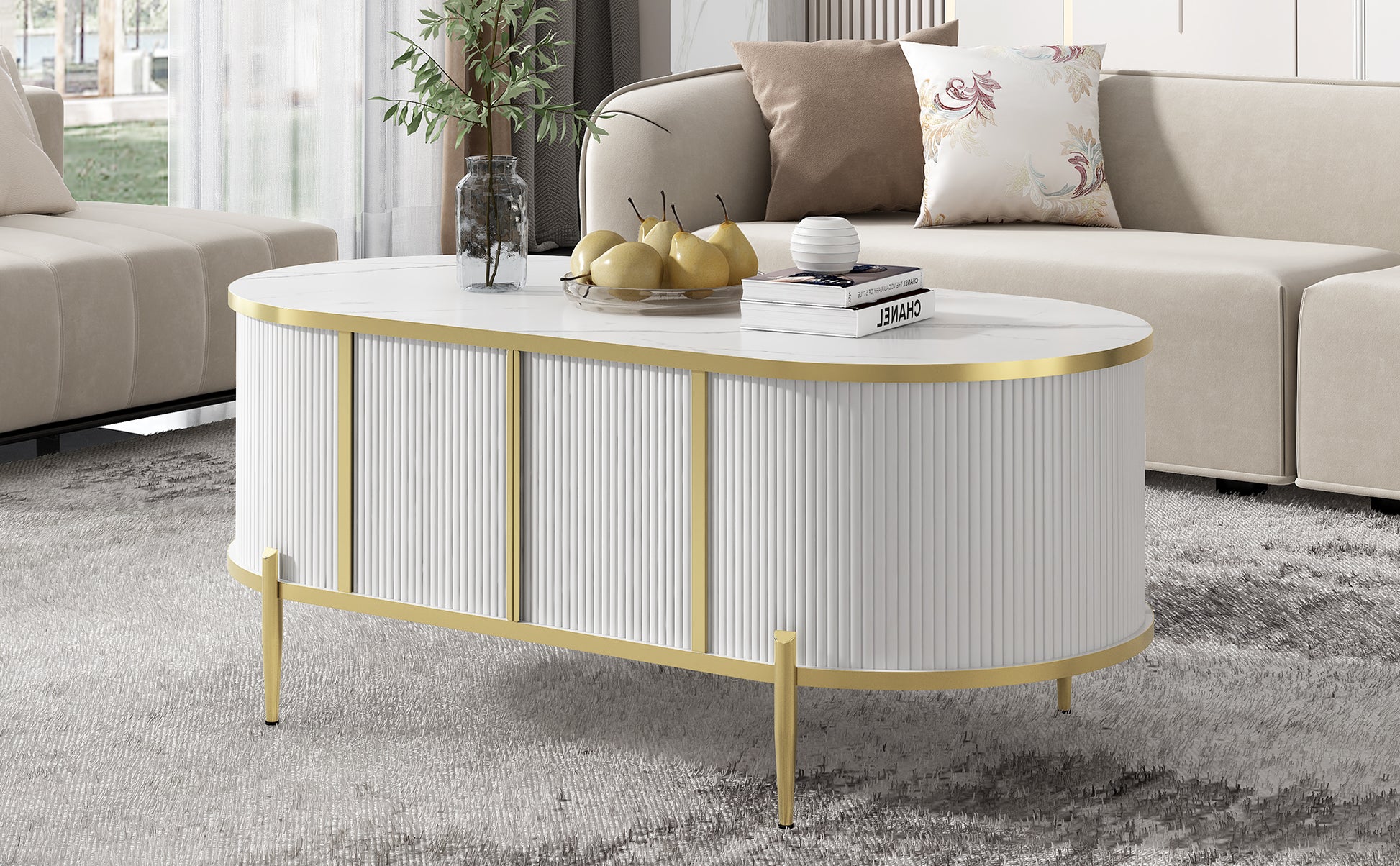 Modern Luxury Oval Shaped Fluted Coffee Table, Marble Patterned Top Coffee Table With 2 Cabinets, Metal Legs And Handles For Living Room, White Date Of Expected Arrival: 11.20 White Mdf