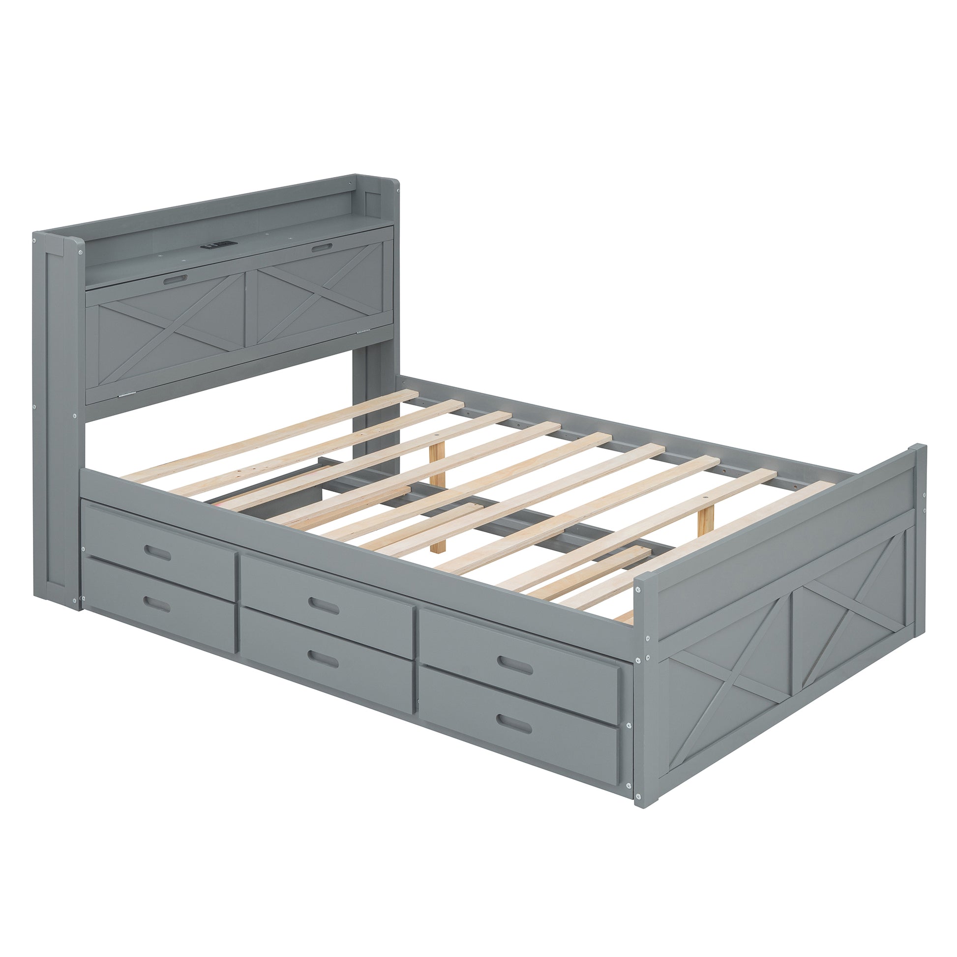 Full Size Wooden Bed With Storage Headboard With Outlets, Extendable Bed With Twin Size Trundle With Three Storage Drawers,Gray Expected Arrival Time:8.23 Full Gray Wood