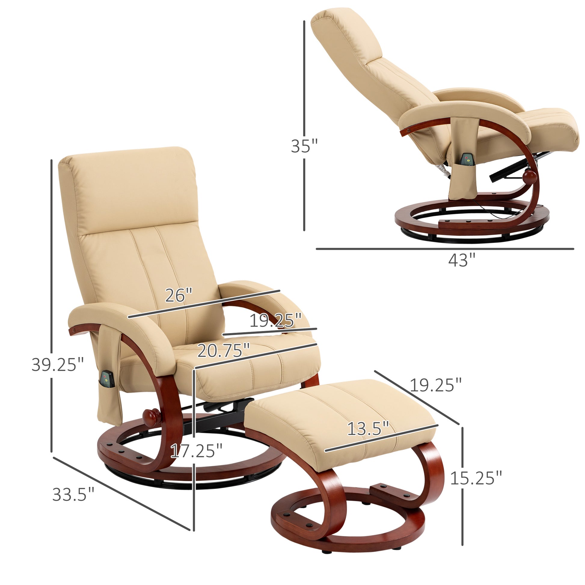 Homcom Recliner Chair With Ottoman, Electric Faux Leather Recliner With 10 Vibration Points And 5 Massage Mode, Reclining Chair With Remote Control, Swivel Wood Base And Side Pocket, Beige Beige Steel