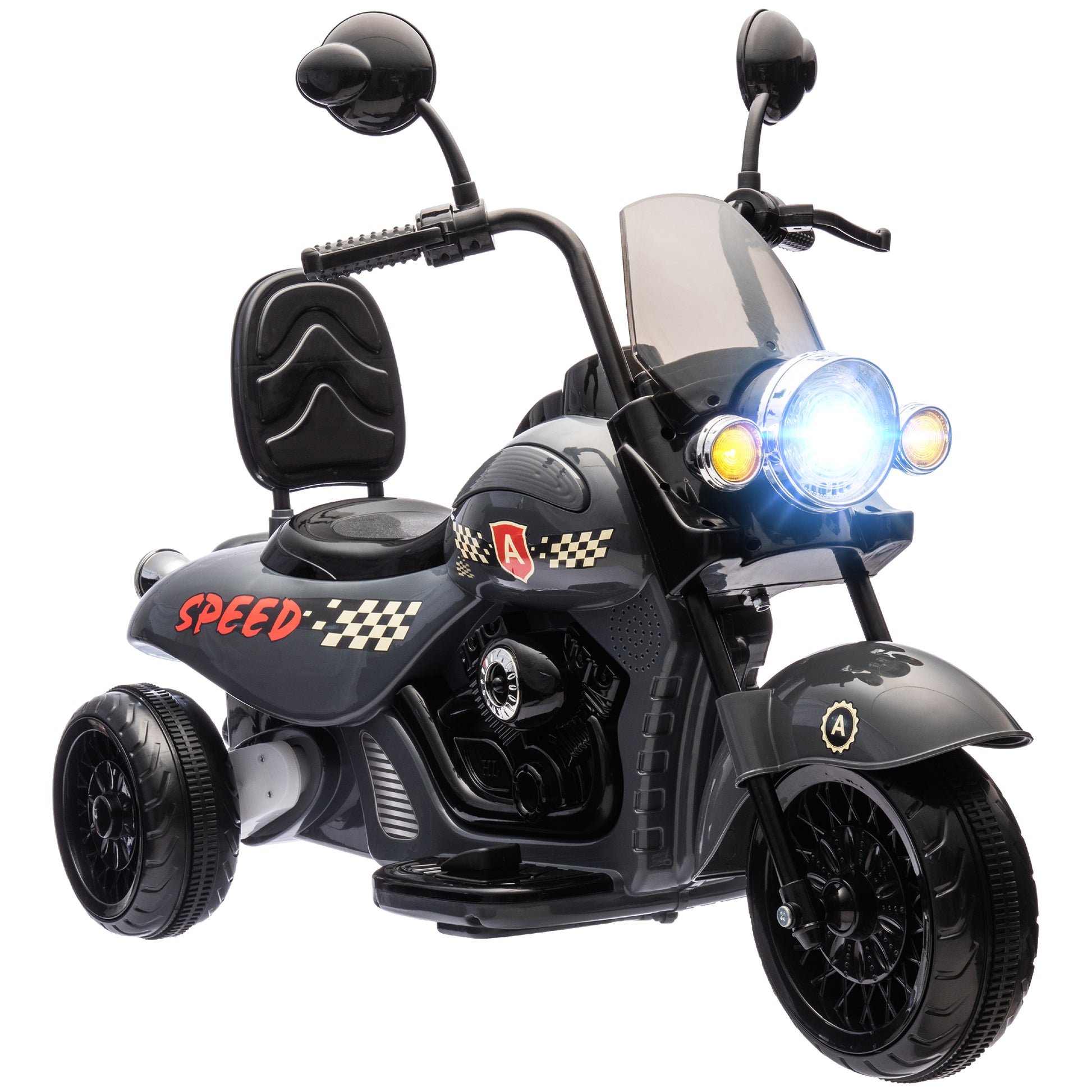 Qaba Electric Motorcycle For Kids, 3 Wheel 6V Battery Powered Chopper Motorbike, Ride On Motorcycle With Headlights, Music, Forward & Reverse For Boys And Girls Ages 3 6 Years, Gray Gray Plastic