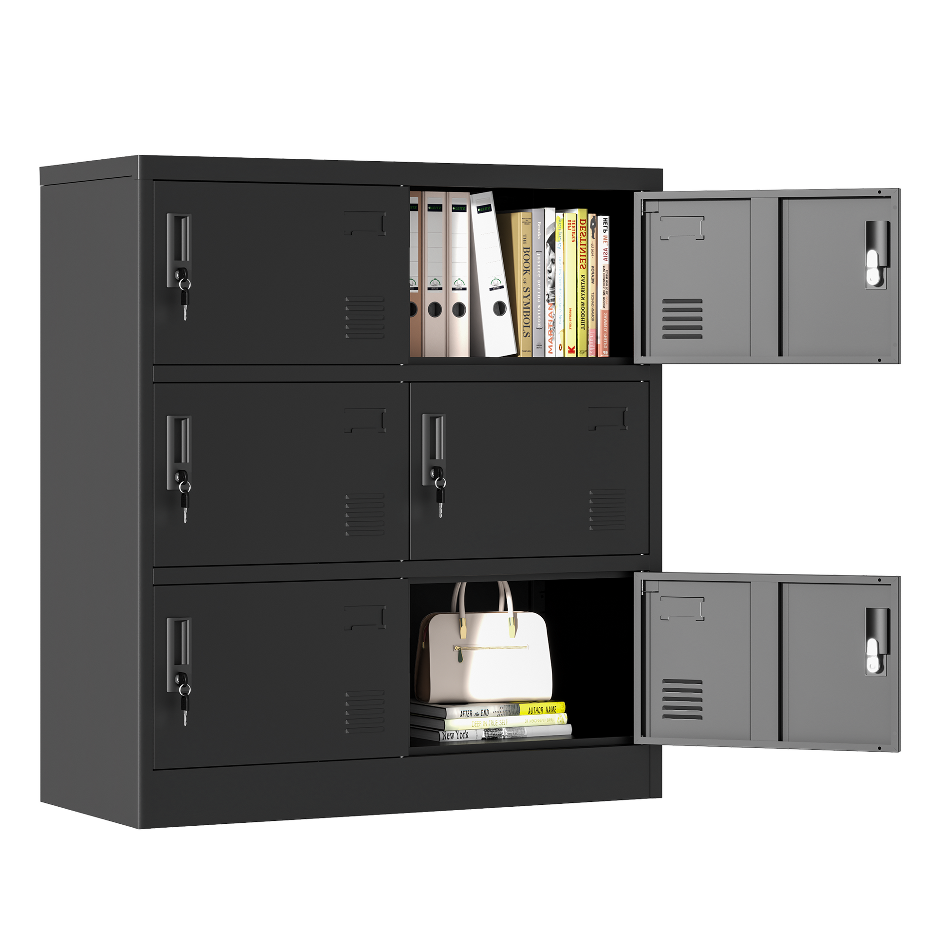 6 Door Employee Storage Locker, Metal Lockers For Office, Gym, School, And Homewith Card Slot Black Freestanding 5 Or More Spaces Powder Coated Black Gym Door Locks Modern Metal Metal