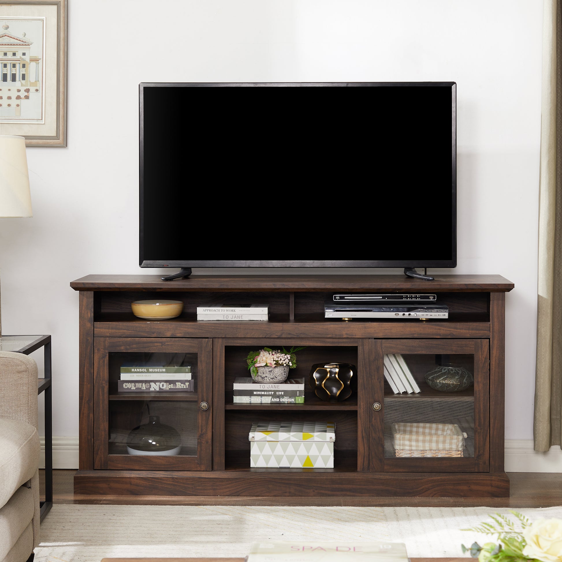 Modern Tv Stand Media Stand Modern Entertainment Console For Tv Up To 65" With Glass Door Open And Closed Storage Space, Brown, 60"W*15.75"D*29"H Brown 60 69 Inches Mdf