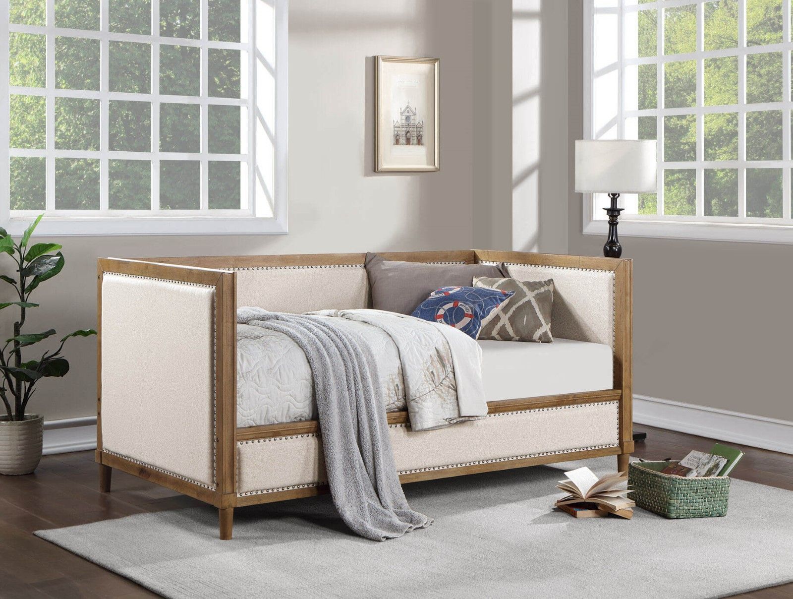 Beige Fabric Upholstered 1Pc Day Bed Light Oak Bed Frame Trim Bedroom Furniture Mattress Ready Twin Day Bed Box Spring Not Required Twin Beige Multi Wood Bedroom Classic,Contemporary,Modern,Transitional Solid Wood