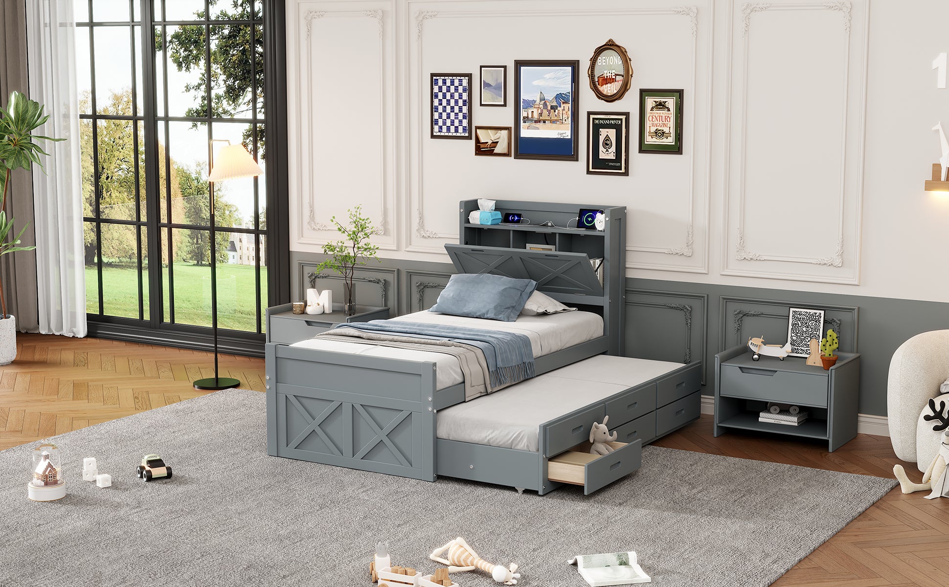 Twin Size Wooden Bed With Storage Headboard With Outlets, Extendable Bed With Twin Size Trundle With Three Storage Drawers,Gray Expected Arrival Time:8.23 Twin Gray Wood