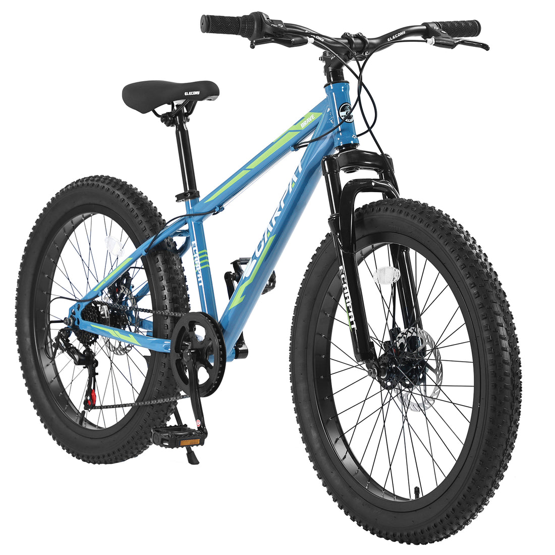 S24109 Elecony 24 Inch Fat Tire Bike Adult Youth Full Shimano 7 Speeds Mountain Bike, Dual Disc Brake, High Carbon Steel Frame, Front Suspension, Mountain Trail Bike, Urban Commuter City Bicycle Cycling Blue Green Without Anti Slip Garden & Outdoor