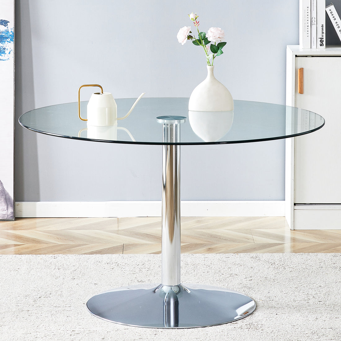 A Glass Tabletop With A Diameter Of 47 Inches And A Modern Minimalist Circular Dining Table With Electroplated Silver Metal Legs. Suitable For Restaurants, Living Rooms, And Conference Rooms.Dt 1166