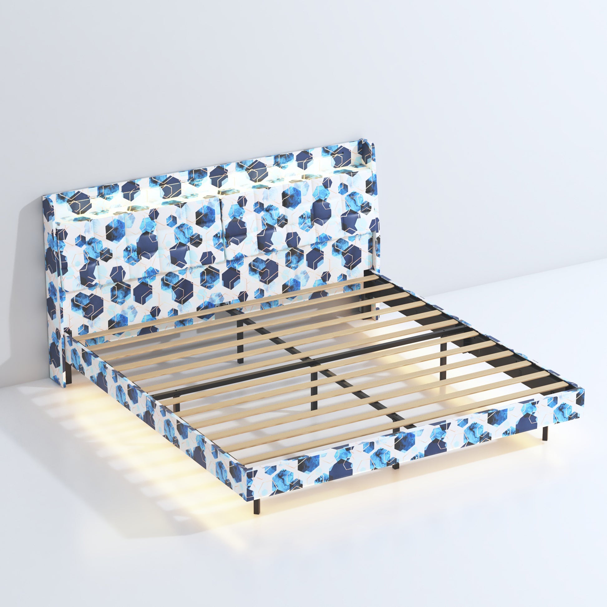 Queen Floating Bed Frame With Led Light And Charging Station Upholstered Platform Bed Frame Queen Size With Headboard And Hidden Storage Space, No Box Spring Needed, Blue Box Spring Not Required Queen Blue Geometry Metal Bedroom Bed Frame Velvet Velvet