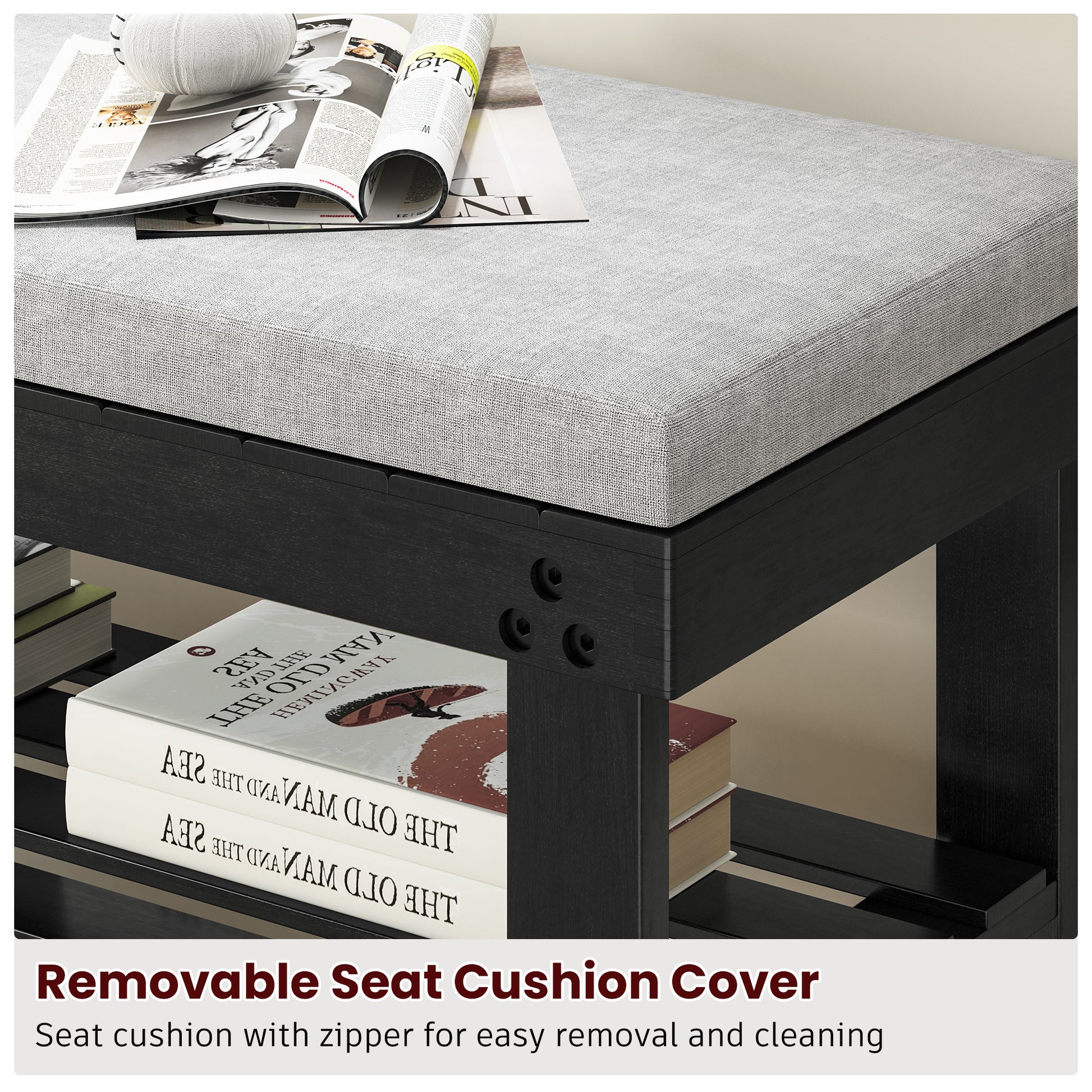 Bamboo Shoe Bench, 3 Tier Shoe Rack, Entryway Bench With Cushion And Adjustable Shelves, Shoe Rack For Entryway, Hallway, Mudroom And Living Room, Black Black Bamboo