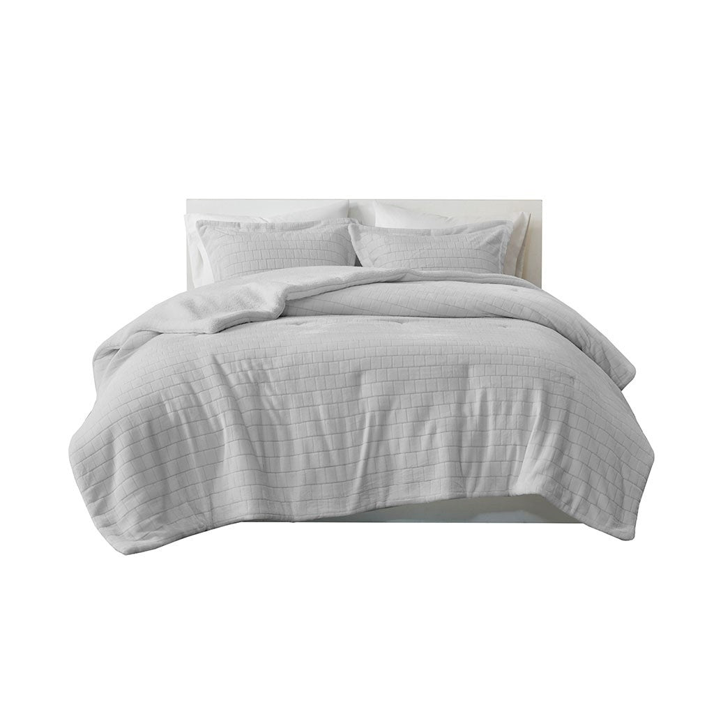 Plush To Sherpa Comforter Set Queen Grey Polyester