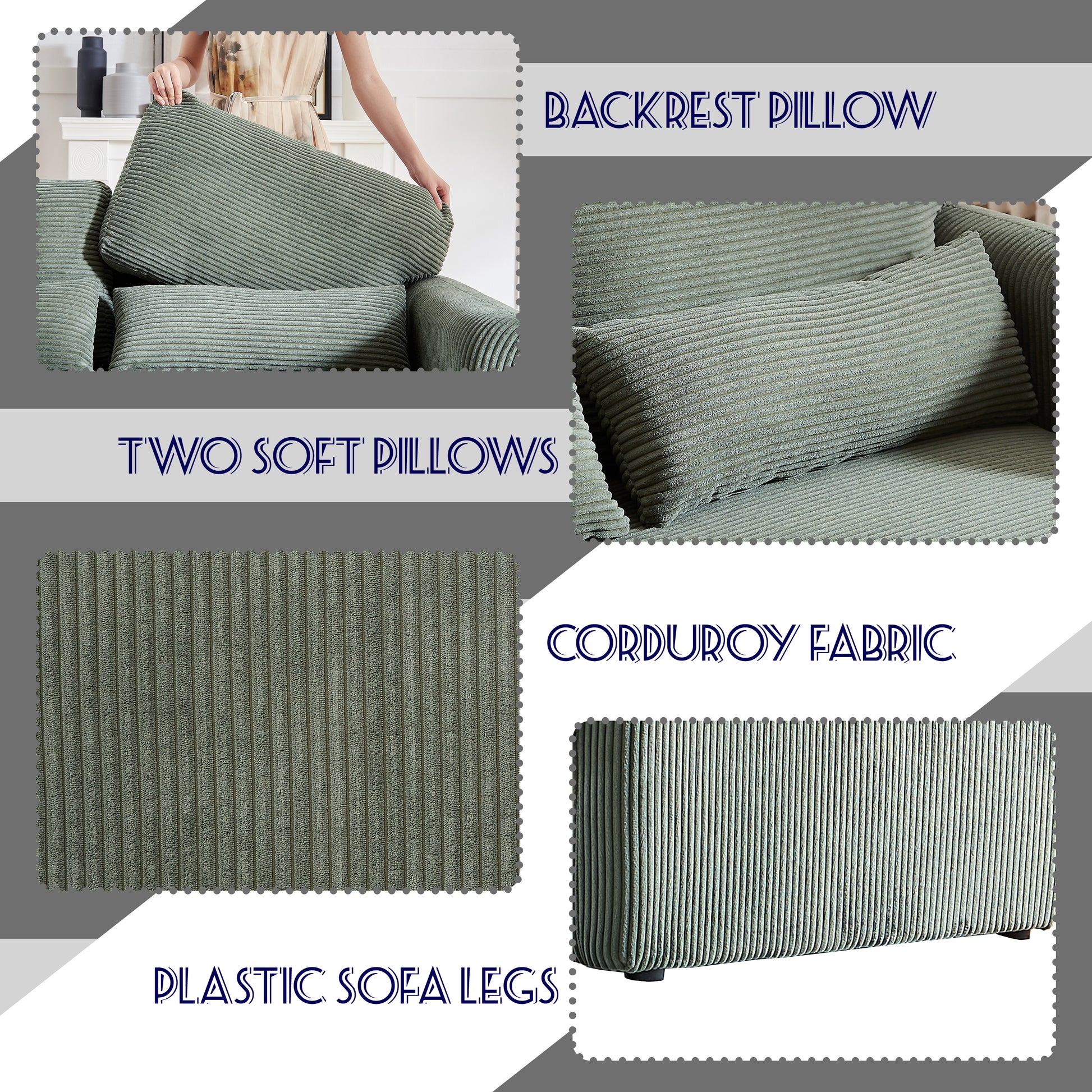 60"Corduroy Fabric Sofa With Two 33" Single Sofa, Modern Sofa With Support Pillow, For Apartment, Office, Living Room & Bedroom Green Corduroy 4 Seat