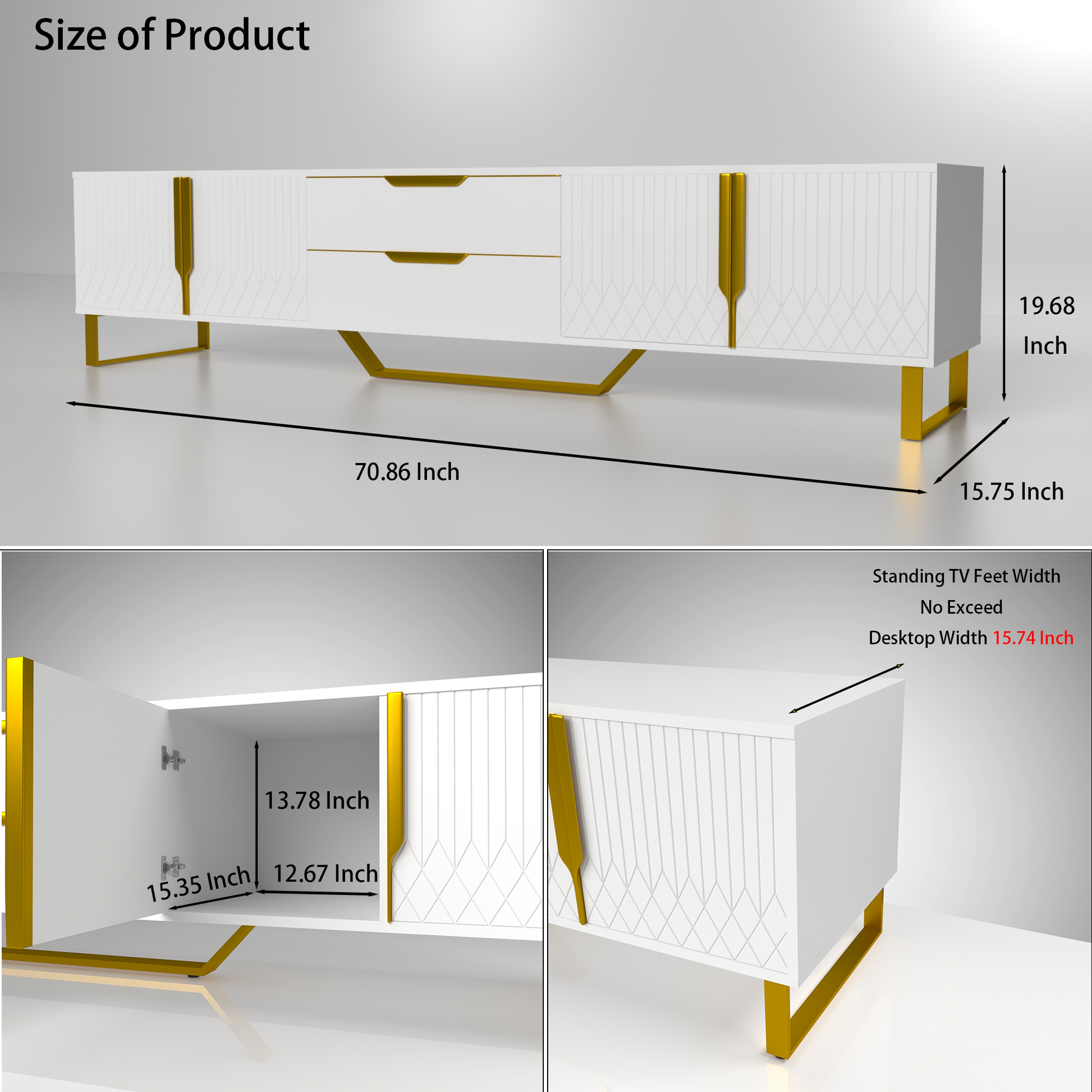 Tv Console With Storage Cabinets, Carve Design Tv Stand With Metal Legs, Large Storage Space Modern Entertainment Center Suit For Living Room, Bedroom, White White Primary Living Space 70 79 Inches 75 Inches Particle Board Particle Board