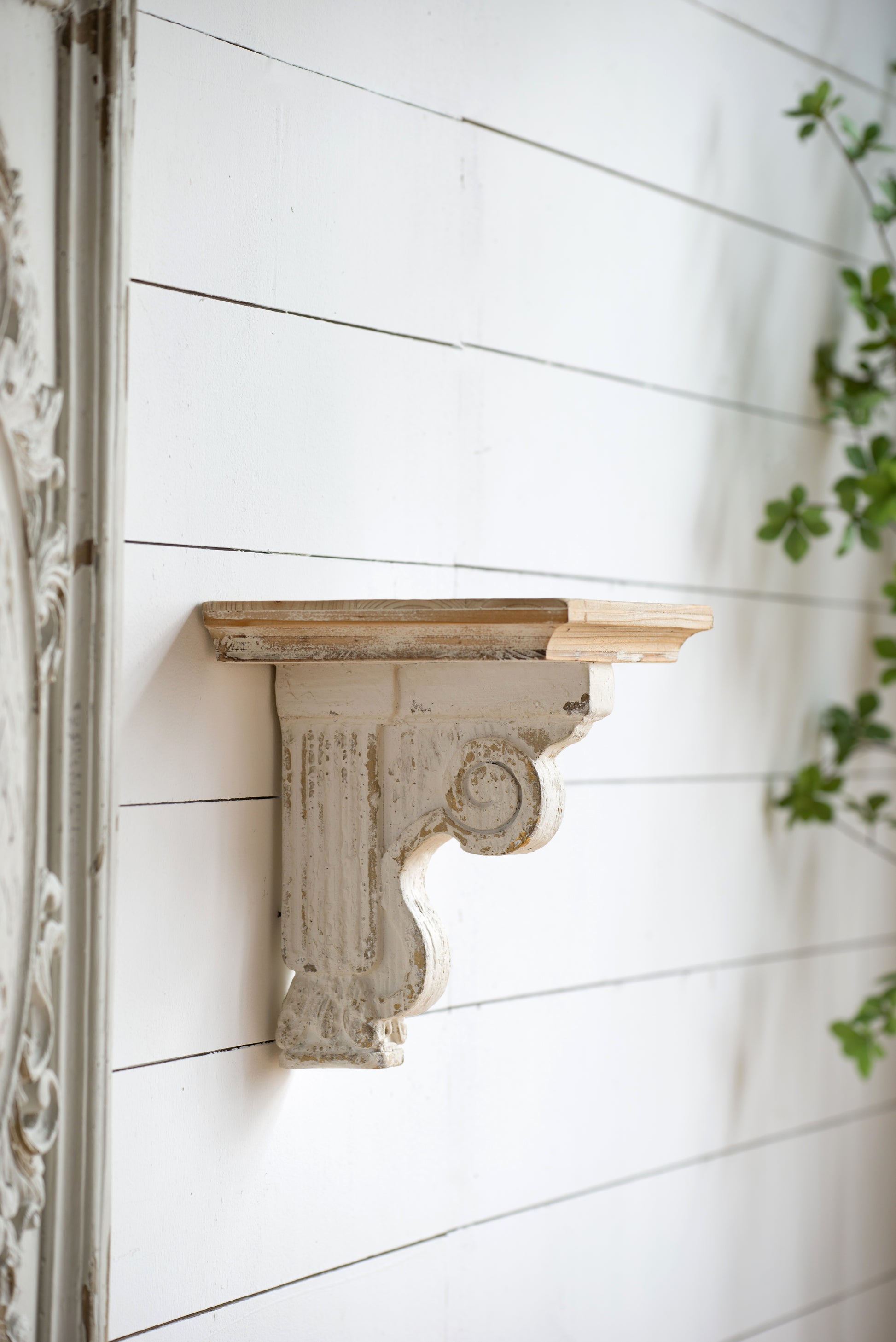 13.8X9.1X11.4" Distressed Brown And White Wooden Wall Shelf With Corbel Design Brown Antique White Wood