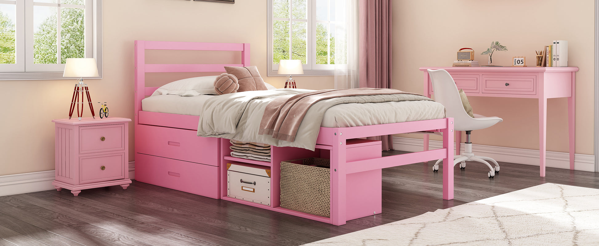 Twin Size Wood Platform Bed With Removable Storage Shelves, Built In Two Storage Drawers For Added Convenience, Pink Twin Pink Wood