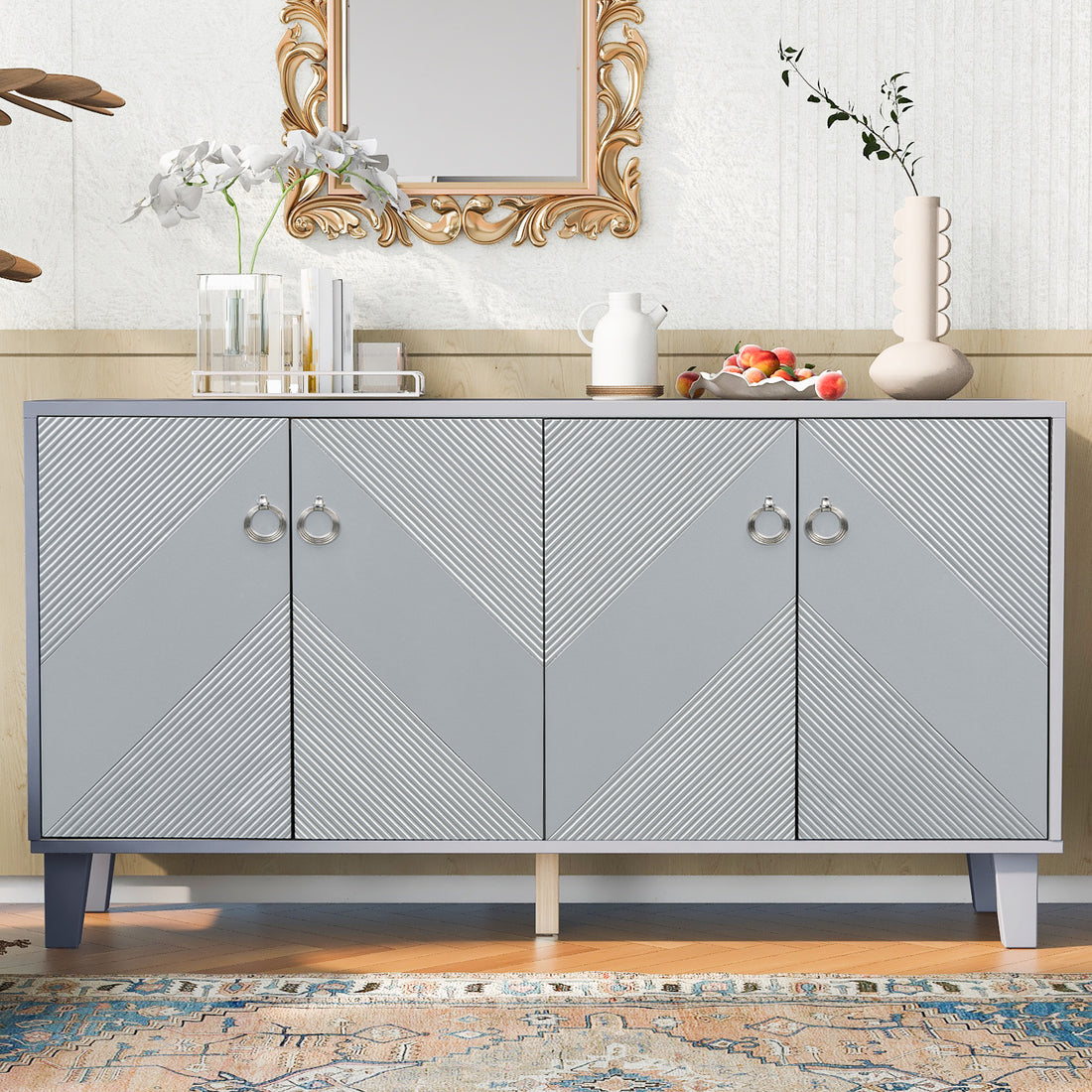 Light Luxury Cabinet Adorned With Geometric Patterns, Suitable For Hallway, Entryway, Living Room 3 4 Spaces Silver Primary Living Space Adjustable Shelves Mdf