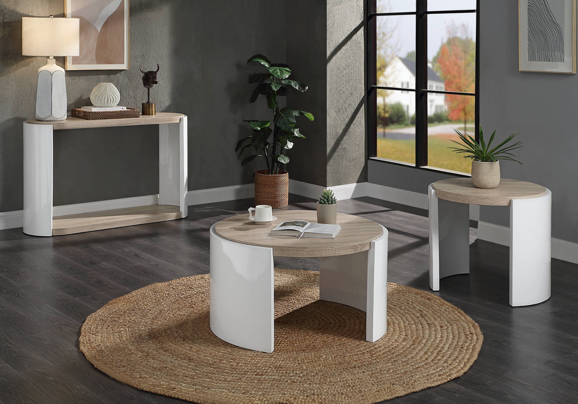 Oak And White High Gloss 1 Drawer Coffee Table Oak Primary Living Space Round Mdf Sled