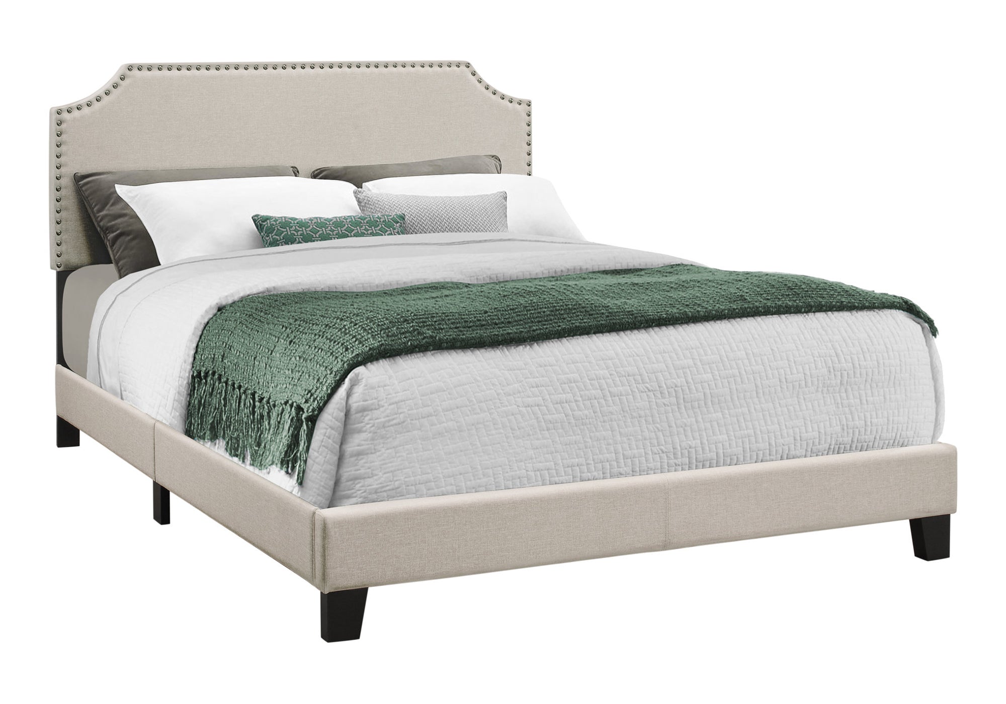 Bed, Queen Size, Bedroom, Upholstered, Beige Linen Look, Black Wood Legs, Transitional Beige Foam Solid Wood Mdf