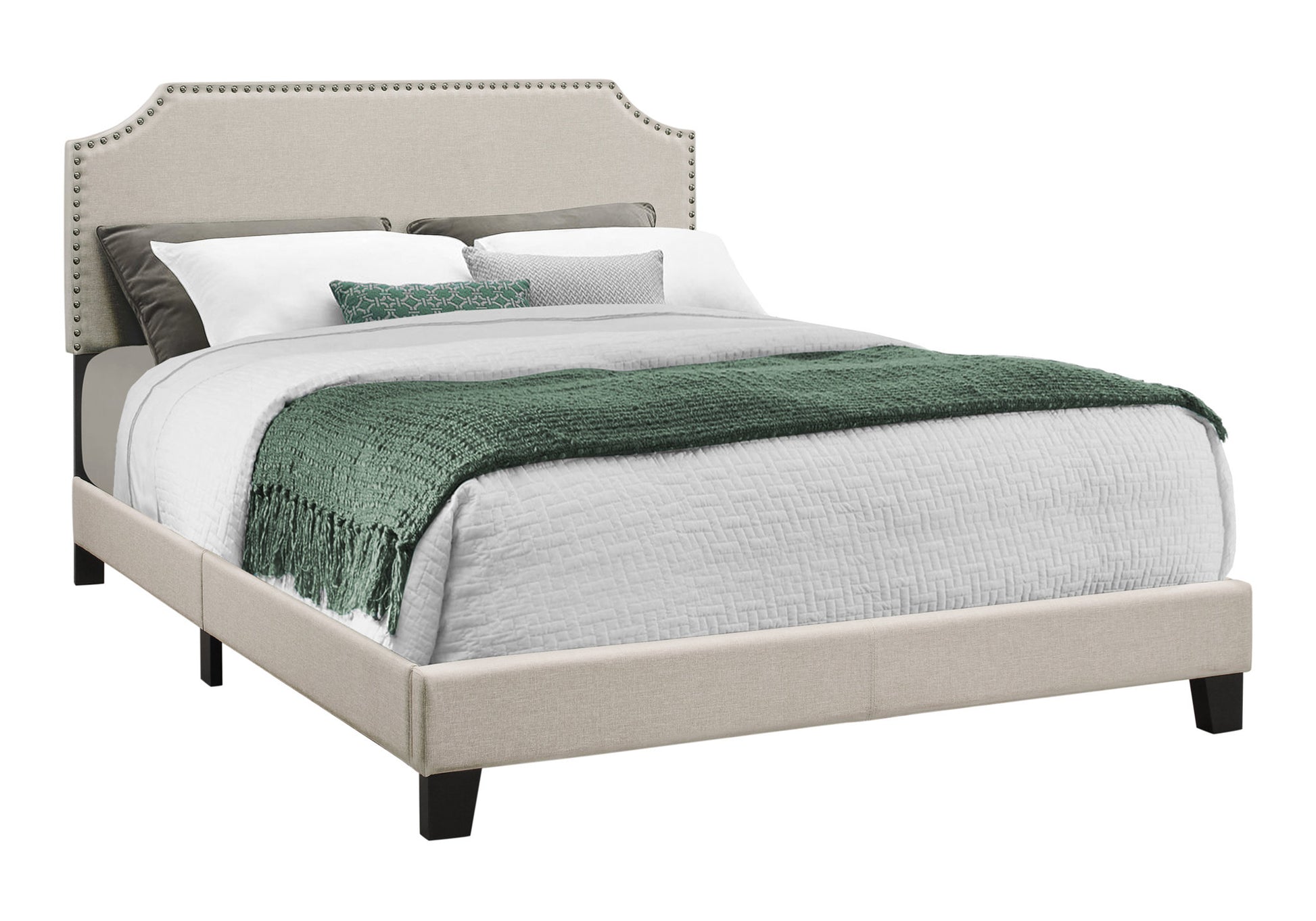 Bed, Queen Size, Bedroom, Upholstered, Beige Linen Look, Black Wood Legs, Transitional Beige Foam Solid Wood Mdf