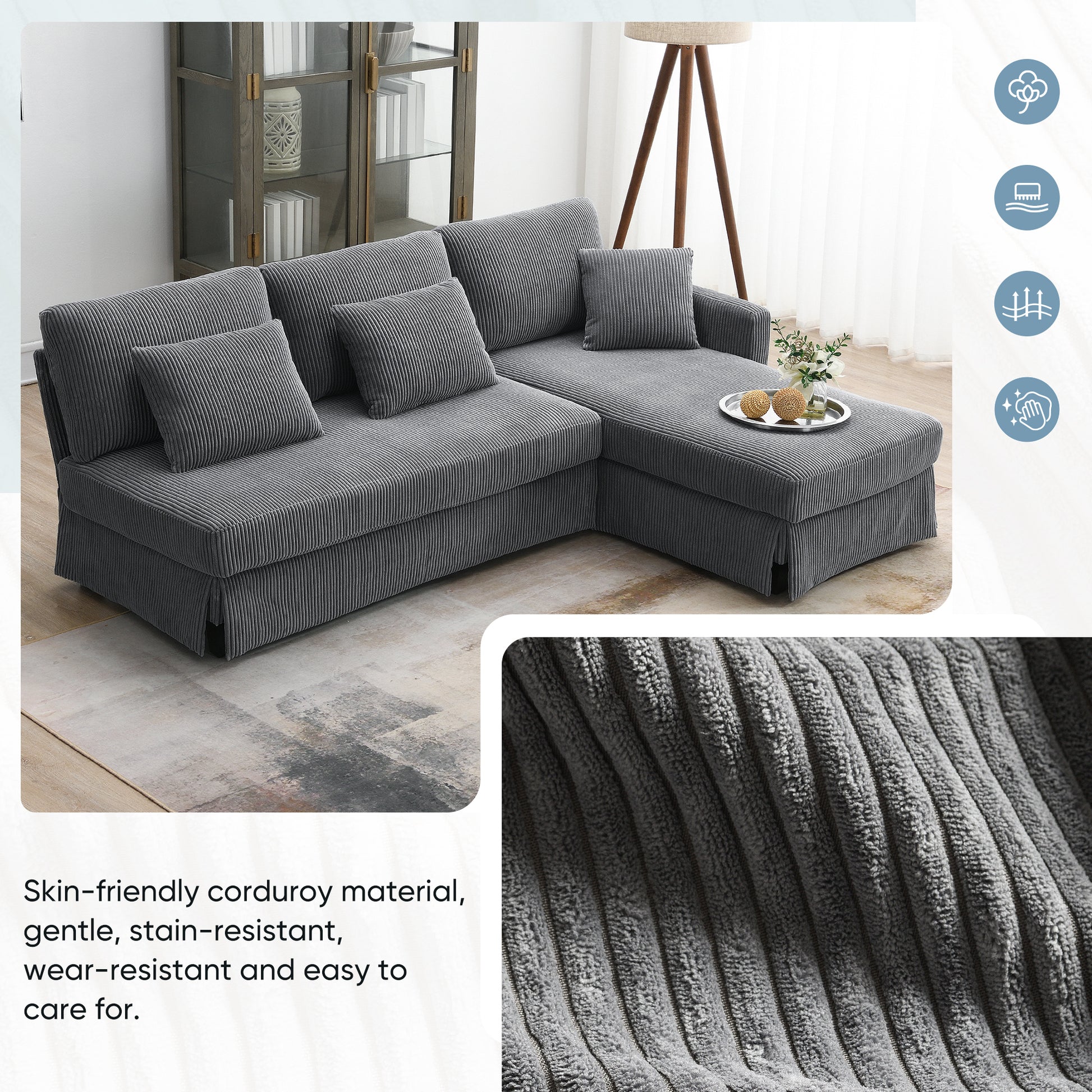 87*61"Modern L Shaped Corduroy Sofa With Reversible Chaise,4 Seat Upholstered Sectional Indoor Furniture,Convertible Sleeper Couch With Pillows For Living Room,Apartment,3 Colors Gray Corduroy 4 Seat