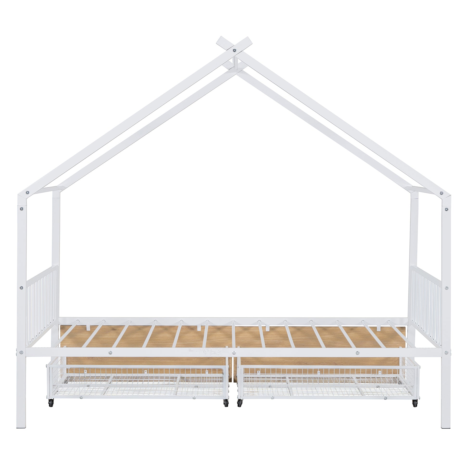 Twin Size Metal House Bed With Two Drawers, White Twin White Metal