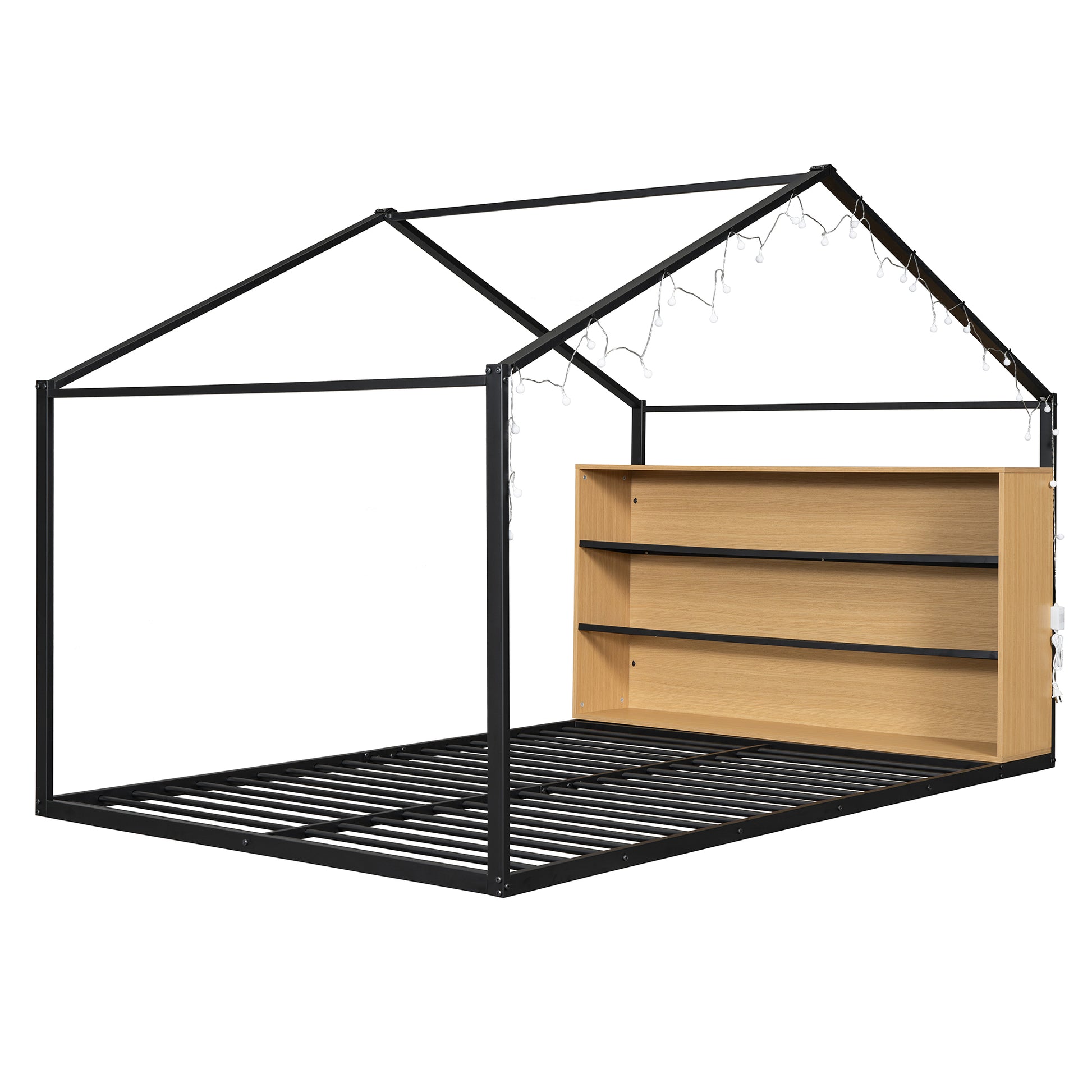 Full Size Metal Bed House Bed Frame With Shelves And Lights, Black Full Black Metal & Wood