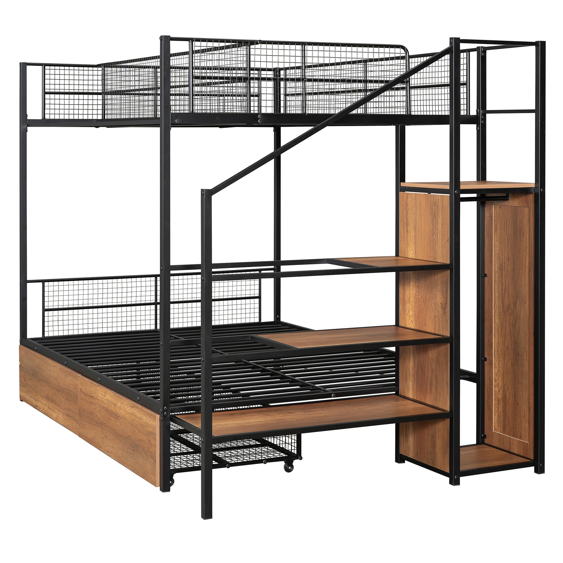 Twin Over Full Metal Bunk Bed With Drawer And Lateral Storage Ladder And Wardrobe, Black Black Metal