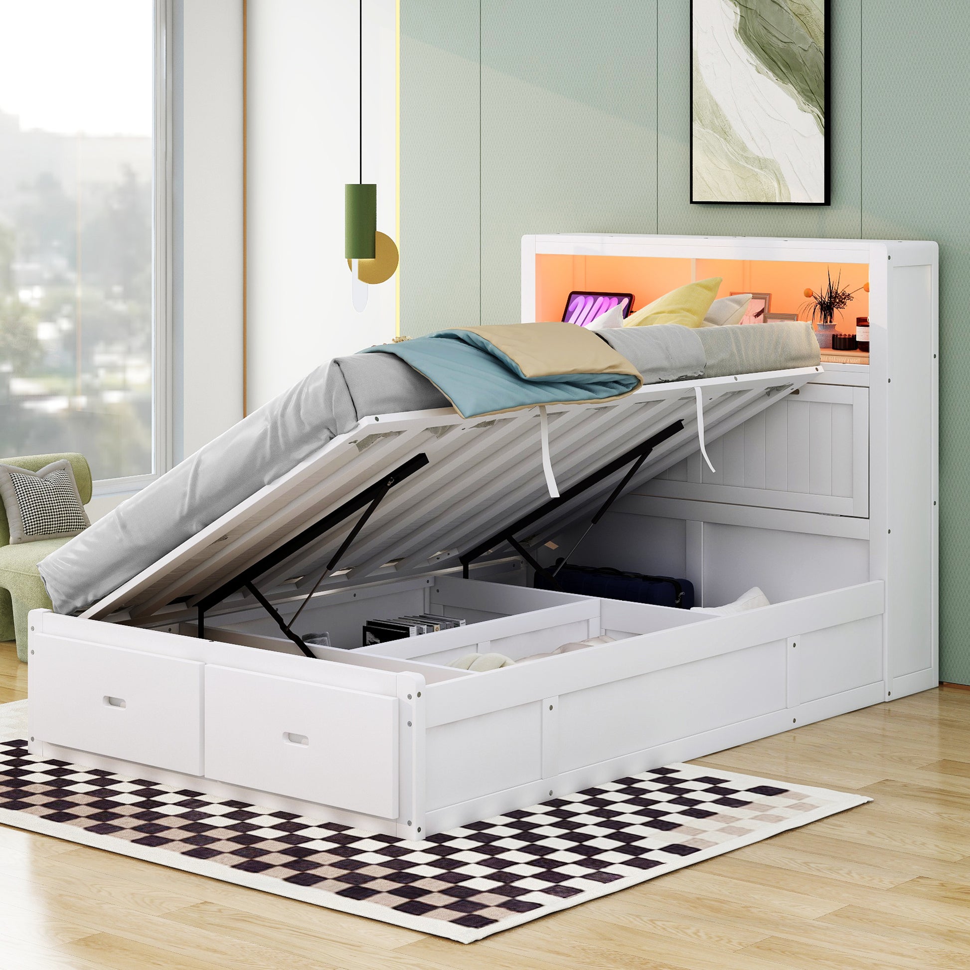 Wood Full Size Hydraulic Platform Bed With Storage Led Headboard, Charging Station And 2 Drawers, White Box Spring Not Required Full White Wood Bedroom Bed Frame Solid Wood Mdf