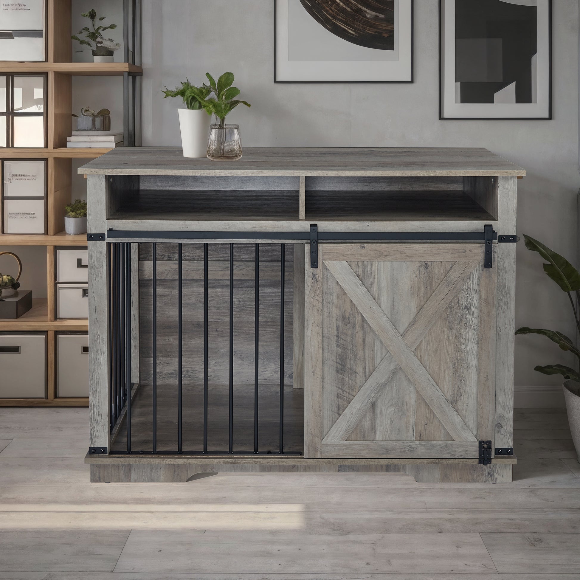 Wf005 Gw,The Dog Cage Has A Large Space Gray Linen