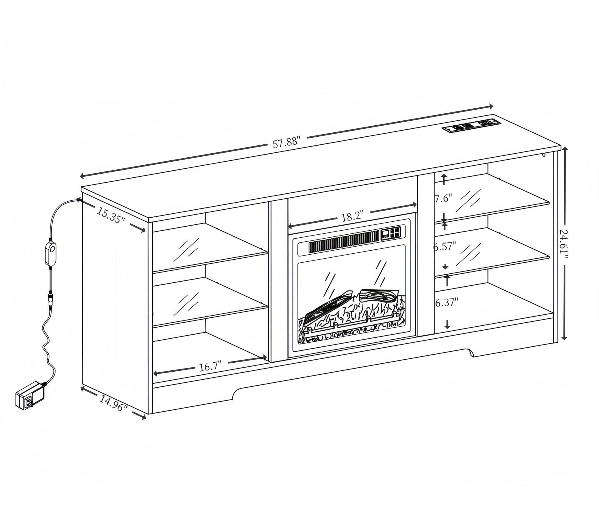 Tv Stand Electric Fireplace Glass Shelves, 3D Fireplace Tv Stand With Led Lights Wood With Usb Charging Outlet Modern Television Table Center For Tv Up To 62" Black 58''W*15.5''D*24.4 Black 50 59