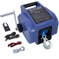 12V Trailer Winch,Reversible Electric Winch, For Boats Up To 6000 Lbs.,With Synthetic Rope,With Extra Pulley Hook,Power In And Power Out,With Manual Function.Blue Plastic Casing Blue Plastic