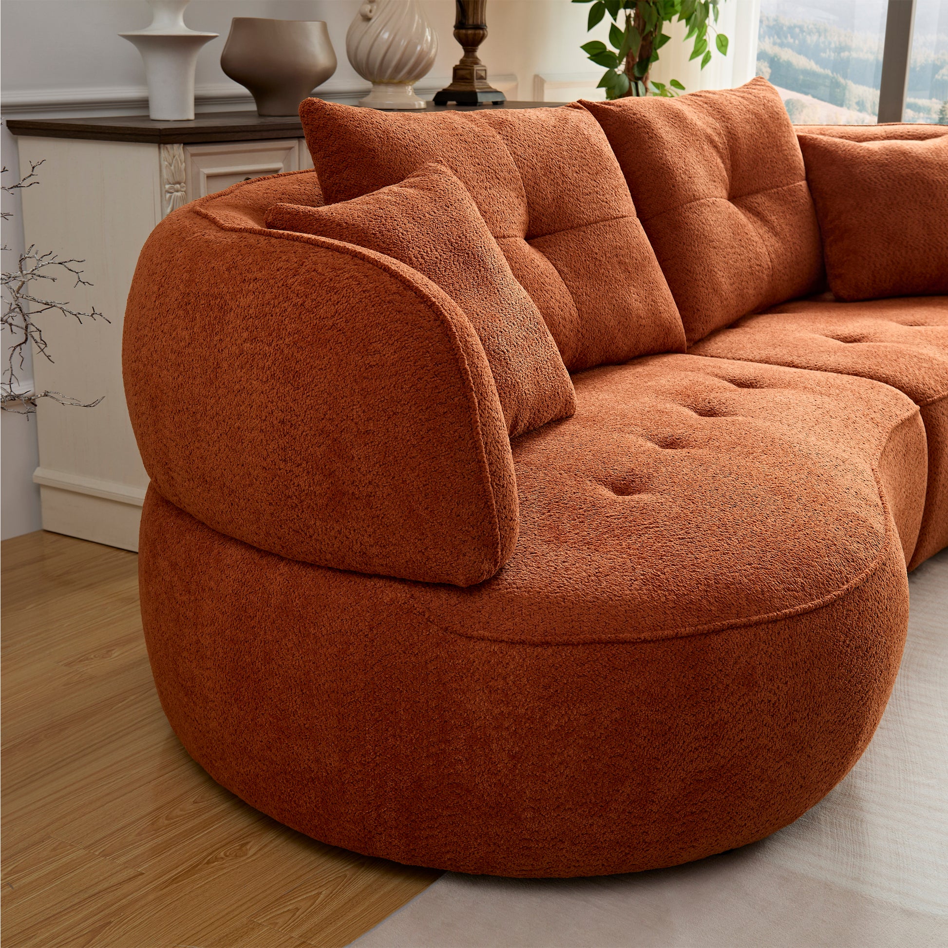 Wks7C Orange Sectional Sofa With Removable Pillows, Durable Fabric, Solid Wood Frame, High Density Sponge Filler Orange Fabric 4 Seat