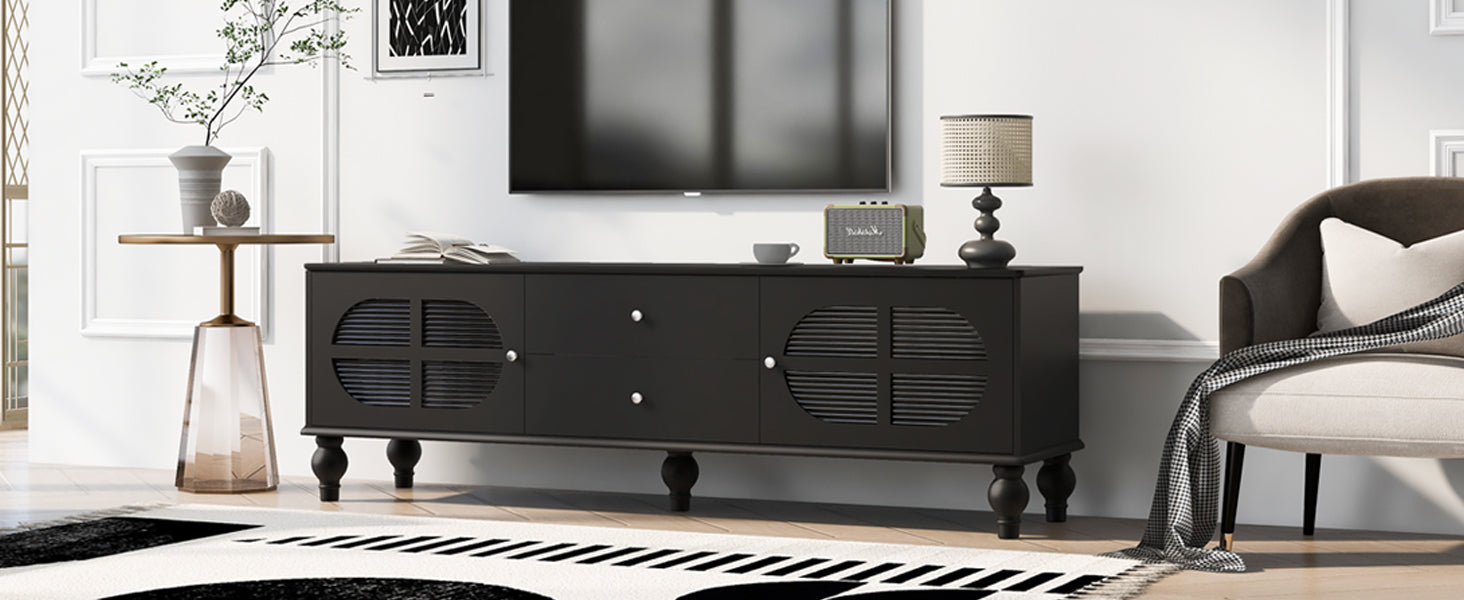 68.9'' Modern Tv Stand For Tvs Up To 75 Inches, Entertainment Center Media Console With Fluted Glass Doors, Five Solid Wood Legs For Living Room Black 70 79 Inches Mdf