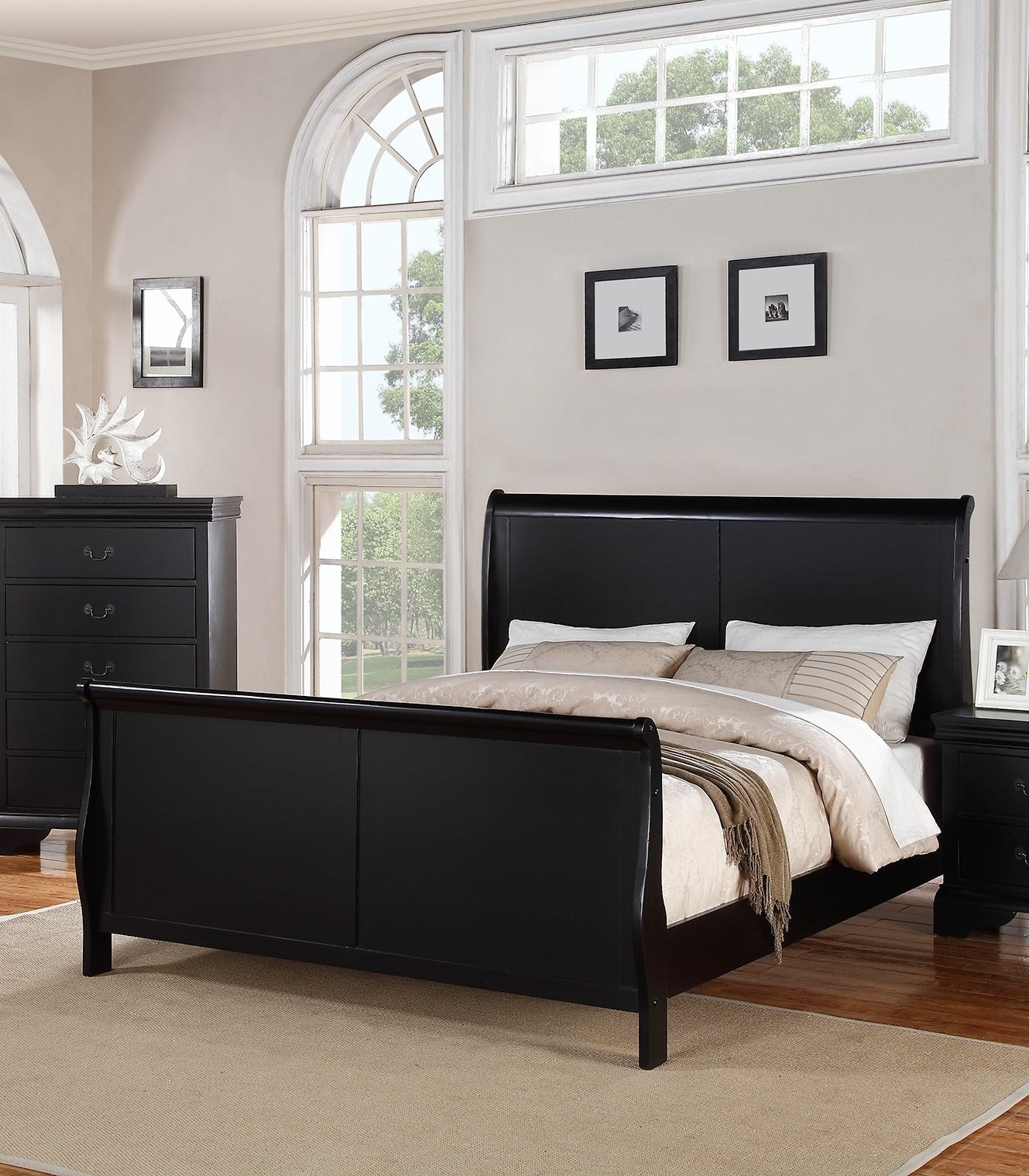 Modern 1Pc Full Size Bed Bedroom Furniture Sleigh Design Headboard Footboard Plywood 1Pc Bedframe Box Spring Required Full Black Wood Bedroom Contemporary,Modern,Transitional,Ultra Modern Rubberwood Bed Frame Plywood