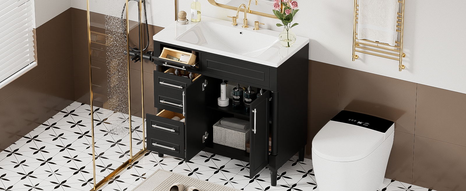 36'' Bathroom Vanity With Top Resin Sink, Freestanding Bathroom Storage Cabinet With 2 Drawers And A Tip Out Drawer, Solid Wood Frame Vanity Set, Height Adjustable Shelf Black Bathroom Solid Wood