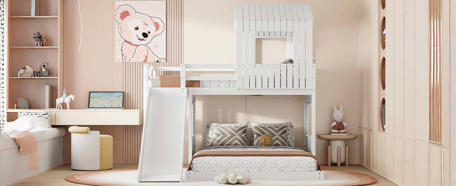 Wooden Twin Over Full Bunk Bed, Loft Bed With Playhouse, Farmhouse, Ladder, Slide And Guardrails, White Old Sku :Lt000028Aak Twin White Solid Wood