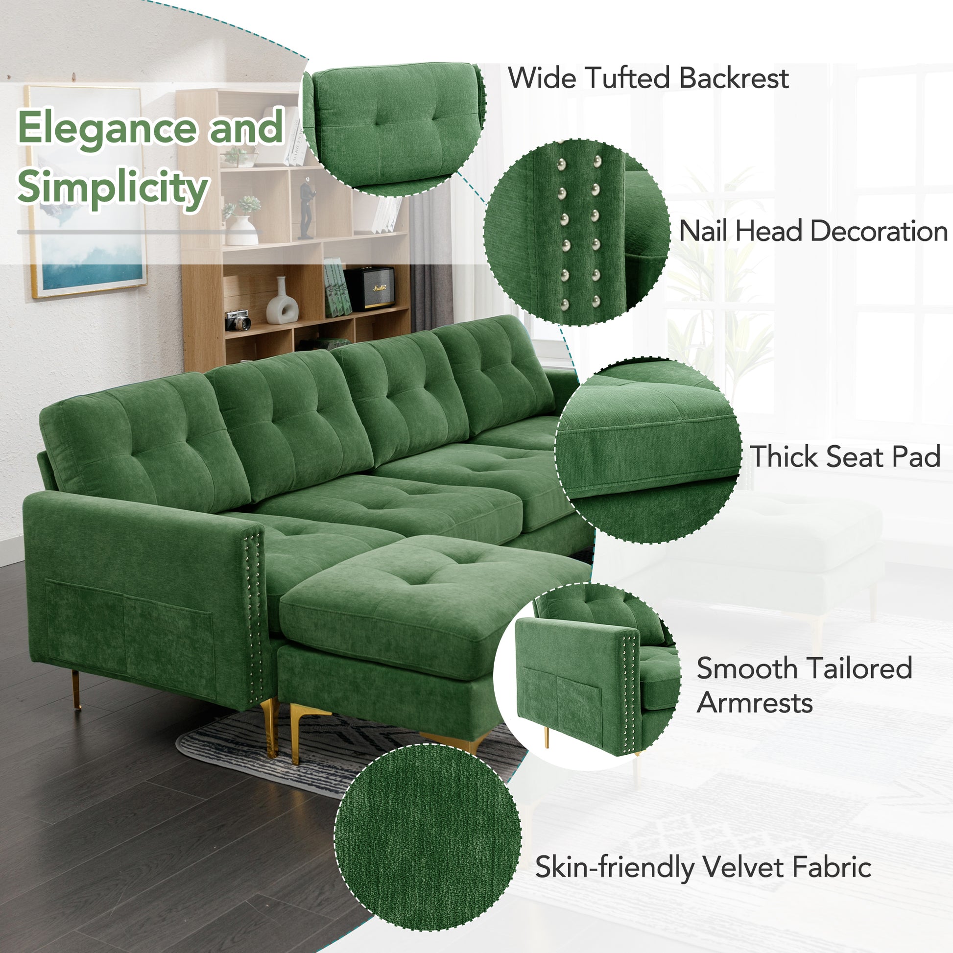 110" L Shape Convertible Sectional Sofa Couch With Movable Ottoman For Living Room, Apartment, Office, Green Green Foam Velvet 4 Seat