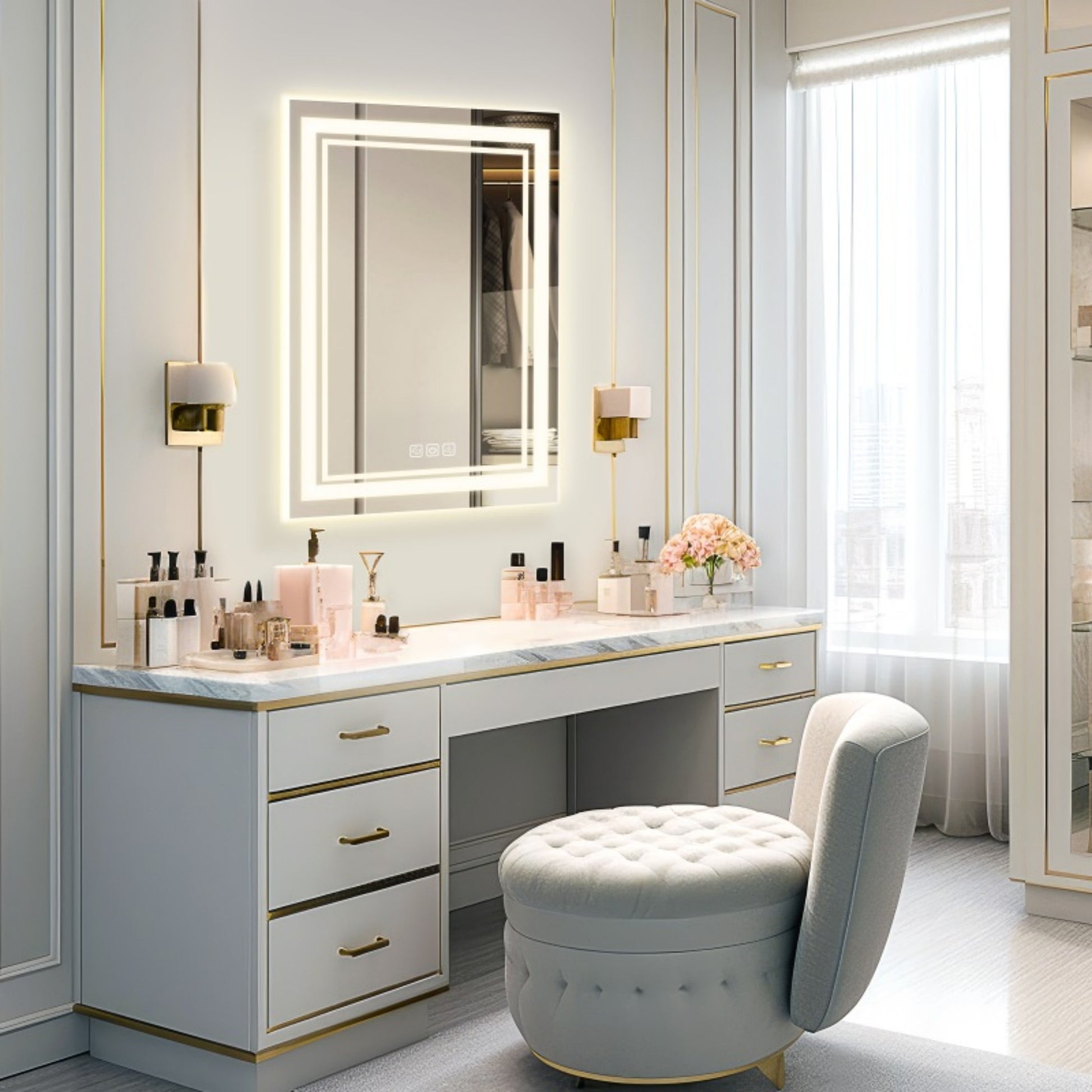 Led Bathroom Mirror 32" X 24" Front And Backlight, 5 Mins Defog, 5Mm Full Hd Reflected Wall Mounted Vanity Mirror, 3 Colors Stepless Dimmable, Cri90 , Memory Function Plug In Hardwire Silver Glass