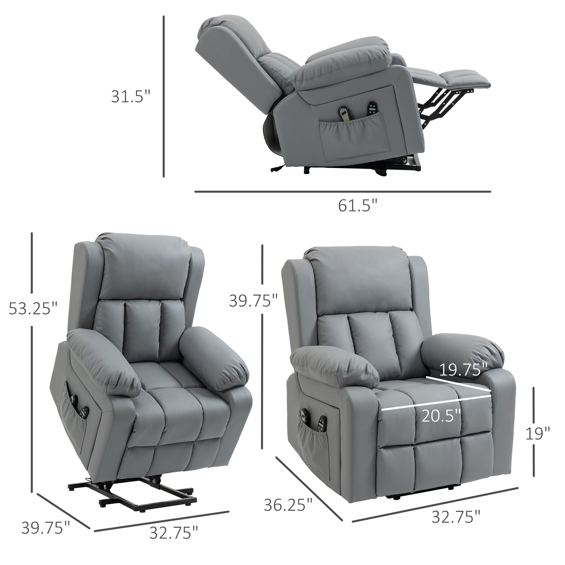 Homcom Electric Power Lift Recliner Chair, Pu Leather Reclining Chair With Vibration Massage, Heated, Remote Control, Side Pockets, For Elderly, Gray Gray Pu Leather