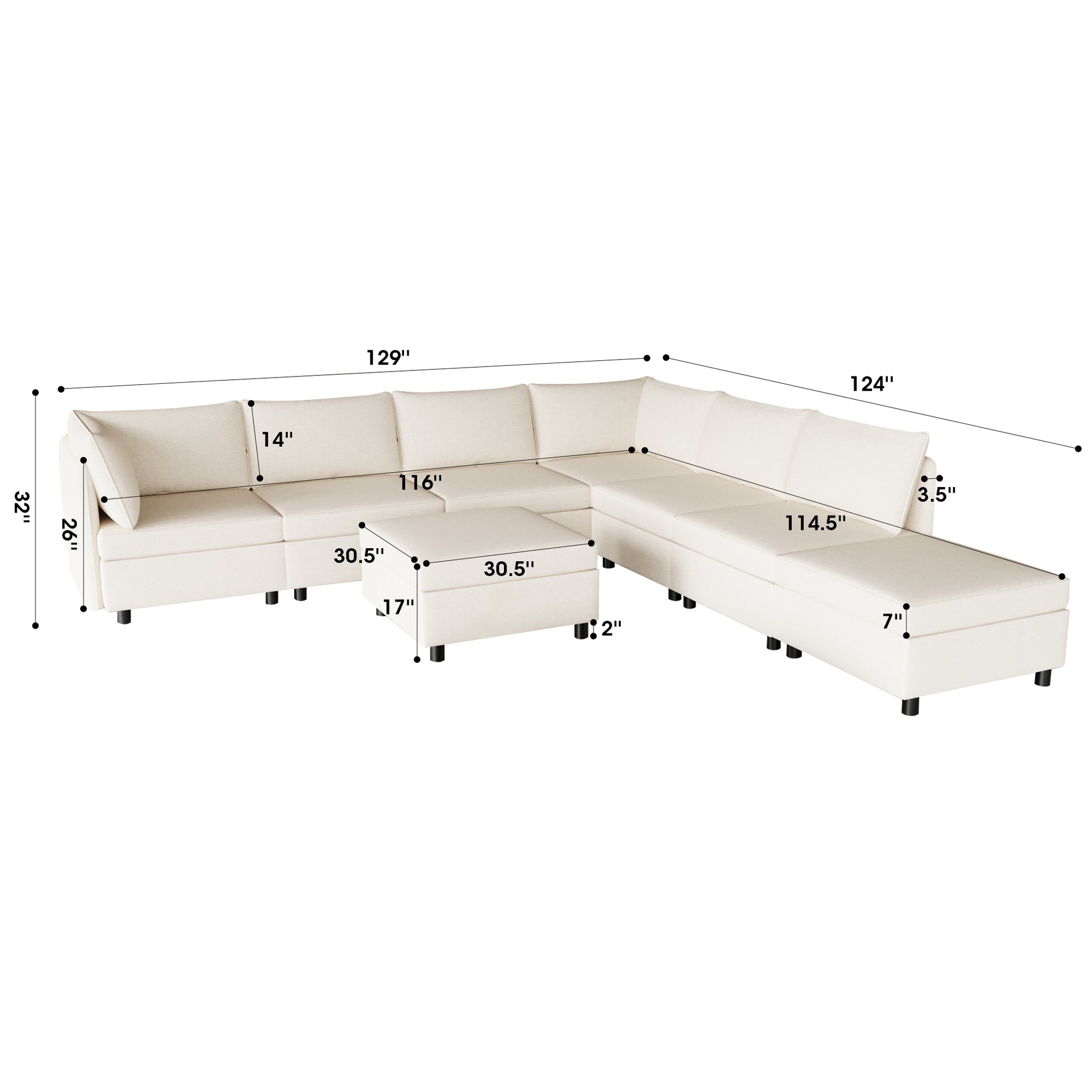 Modular Sectional Sofa, Convertible Sofa Seat With Storage, Sleeper Sectional Sofa Set, Fabric Flexible Modular Combinations For Living Room Beige Fabric 8 Seat