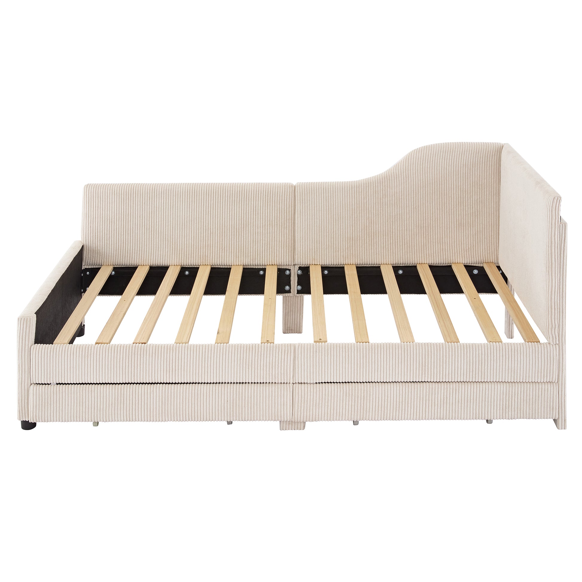 Twin Size L Shaped Corduroy Daybed,Upholstered Bed Frame With 2 Storage Drawers, Beige Twin Beige Wood Fabric