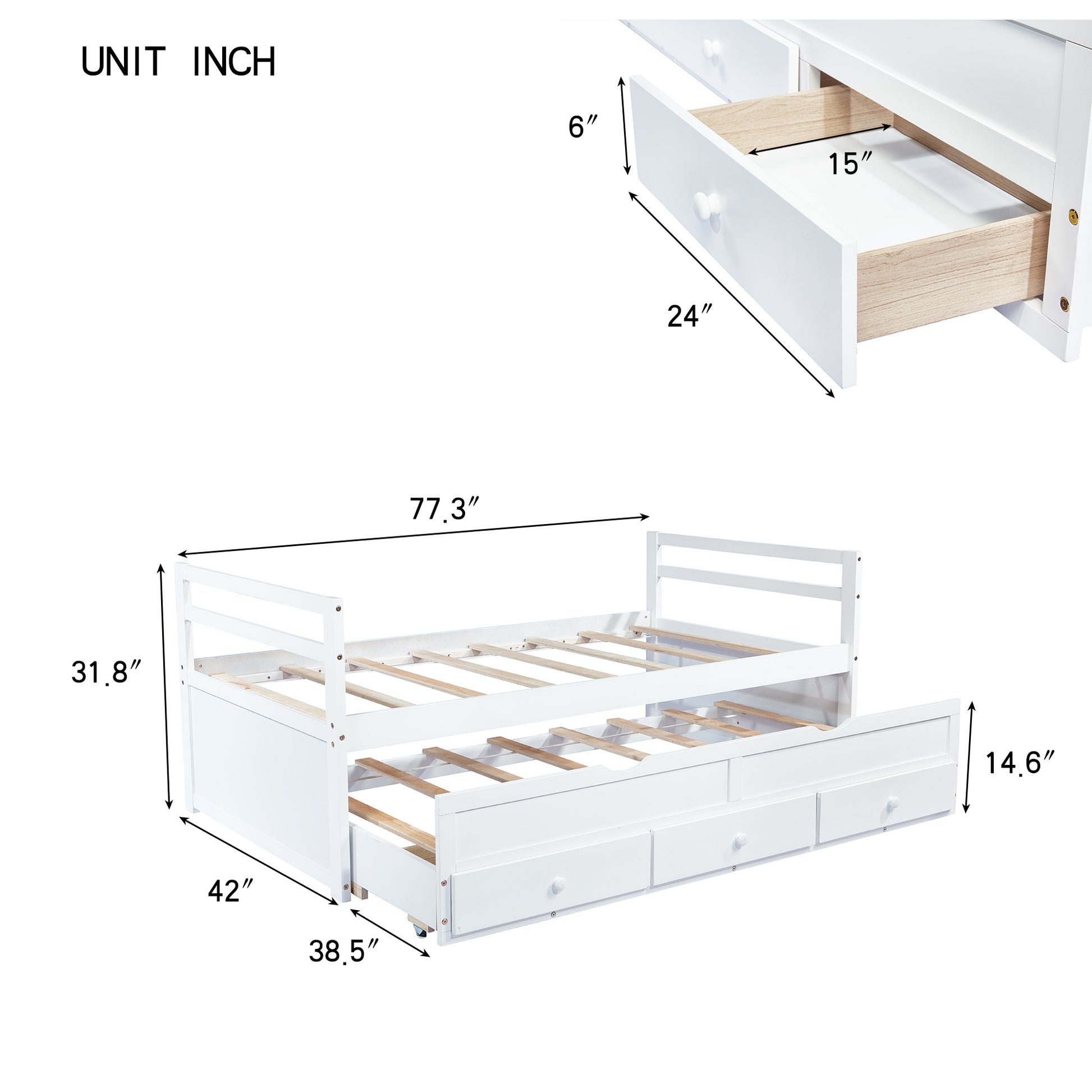 Twin Size Bed With Headboard, Footboard, Trundle And Three Storage Drawers, Twin Size Pine Wood Bed With Headboard, Footboard,White Twin White Pine