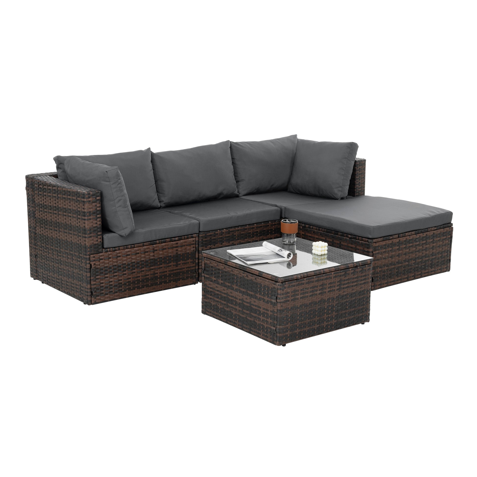 Patio Furniture, Outdoor Furniture, Seasonal Pe Wicker Furniture, 5 Set Wicker Furniture With Tempered Glass Coffee Table Brown Seats 4 Pe Rattan Iron Waterproof Fabric