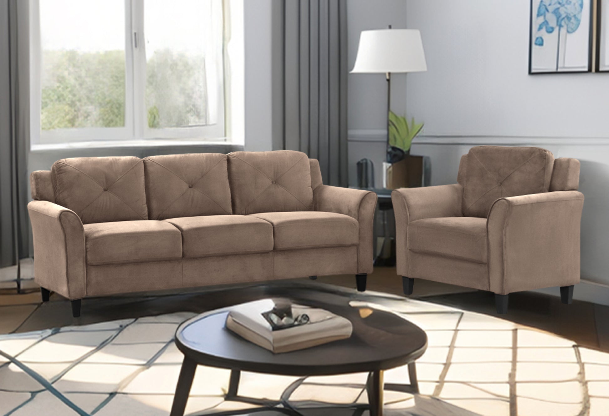 Stylish Flannel Living Room Three Piece Sofa Set, Brown Flannel Antique Brown Velvet Wood Primary Living Space Soft Cushion Back Extra Heavy Duty American Traditional Square Arms Down Filling Velvet 6 Seat
