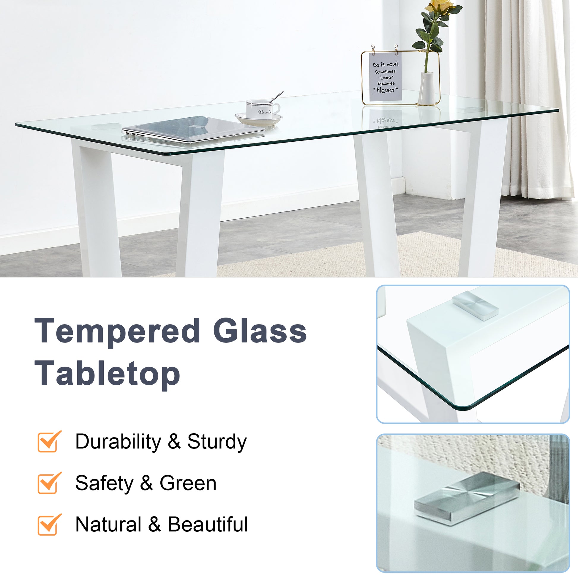 Table And Chair Set.A Rectangular Dining Table Features With Tempered Glass Top And Sleek White Mdf Stand.Paried With 6 Pu Chairs With Checkered Armless High Back And Electroplated Metal Legs. White Seats 6 Mdf Glass