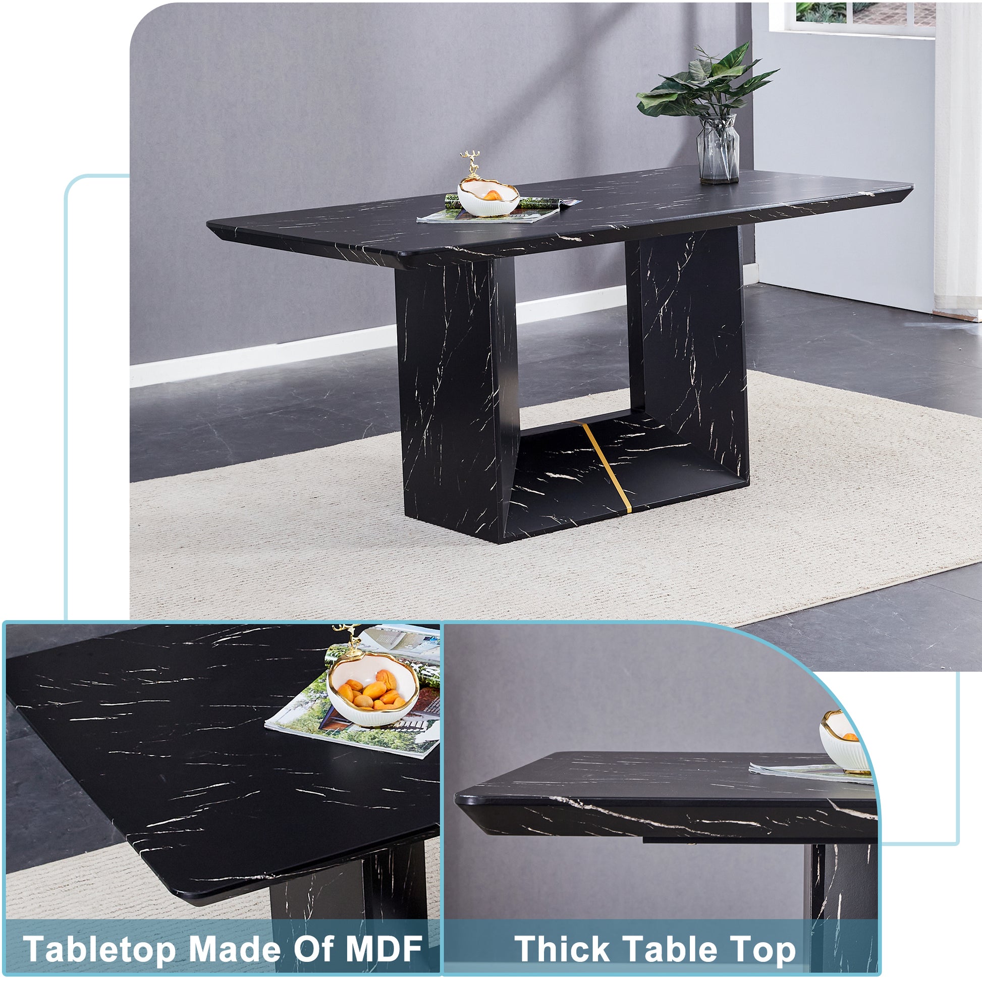 Table And Chair Set.This Modern Dining Table With Mdf Marbled Design Gives You A Luxurious And Elegant Feel.Paired With Multiple Chairs With Pu Artificial Leather Backrest Cushions And Black Legs. Yellow Black Seats 4 Mdf