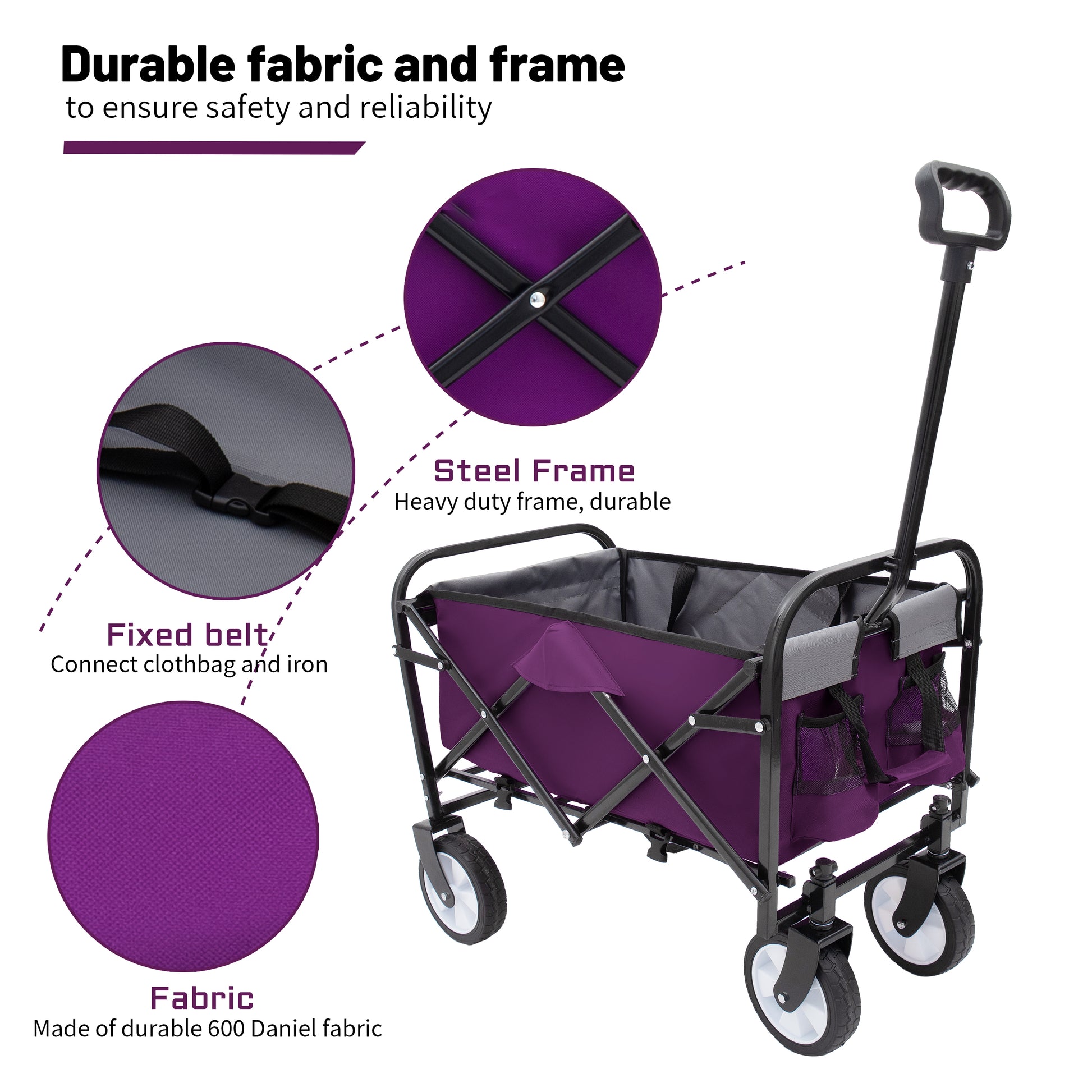 Minimeetall Strapcollapsible Foldable Wagon Cart With Strapping System Beach Wagonutility Cartutility Wagon Grocery Cart For Camping Shopping Sports Gardeing Fishing Supports 225Lbs Purple Purple